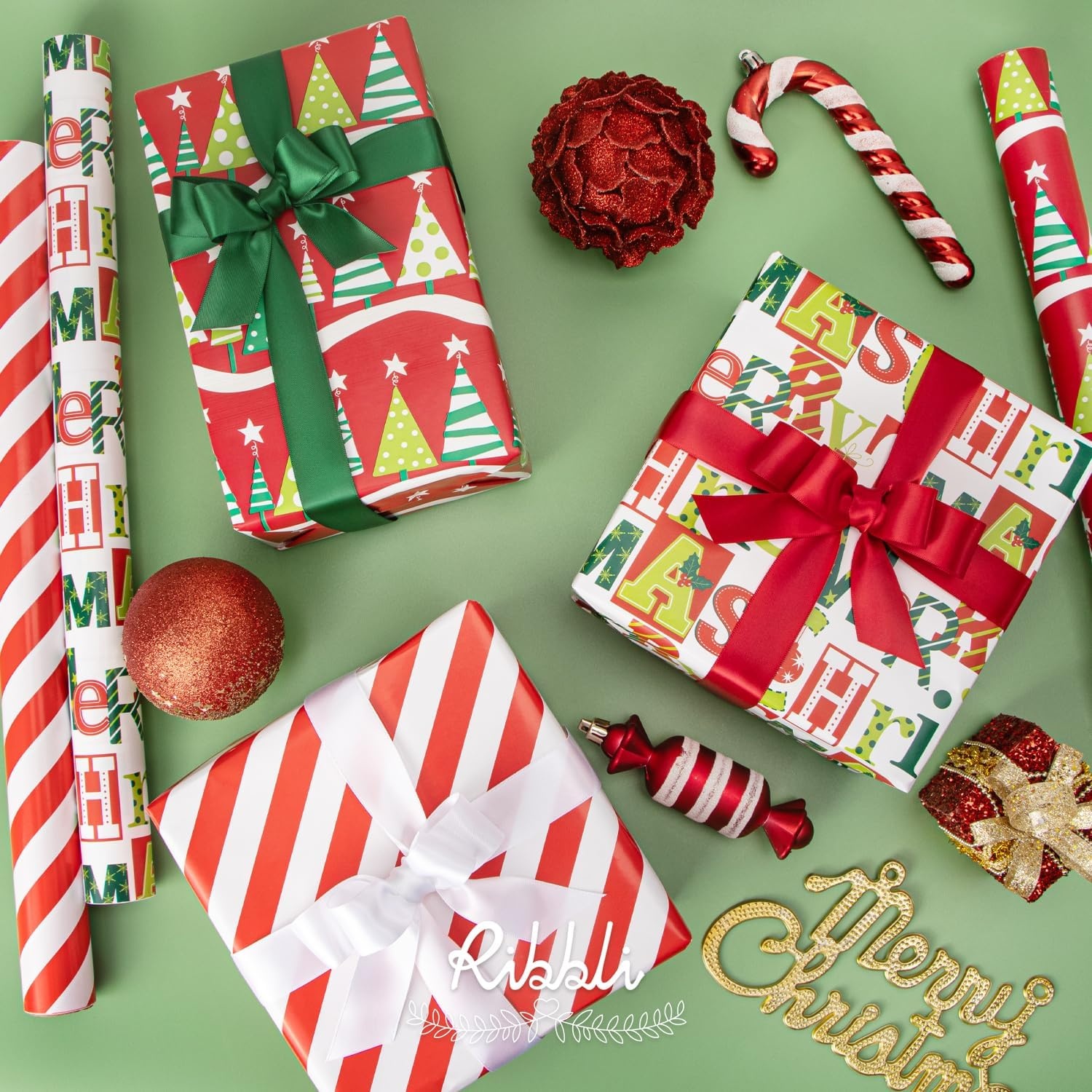 Ribbli Christmas Wrapping Paper Red White Green 3 Rolls Christmas Printed Assortment Gift Wrap Paper for Kids- Mini Roll 17 inch x 120 inch(10feet) Per Roll(Red/Green/White)