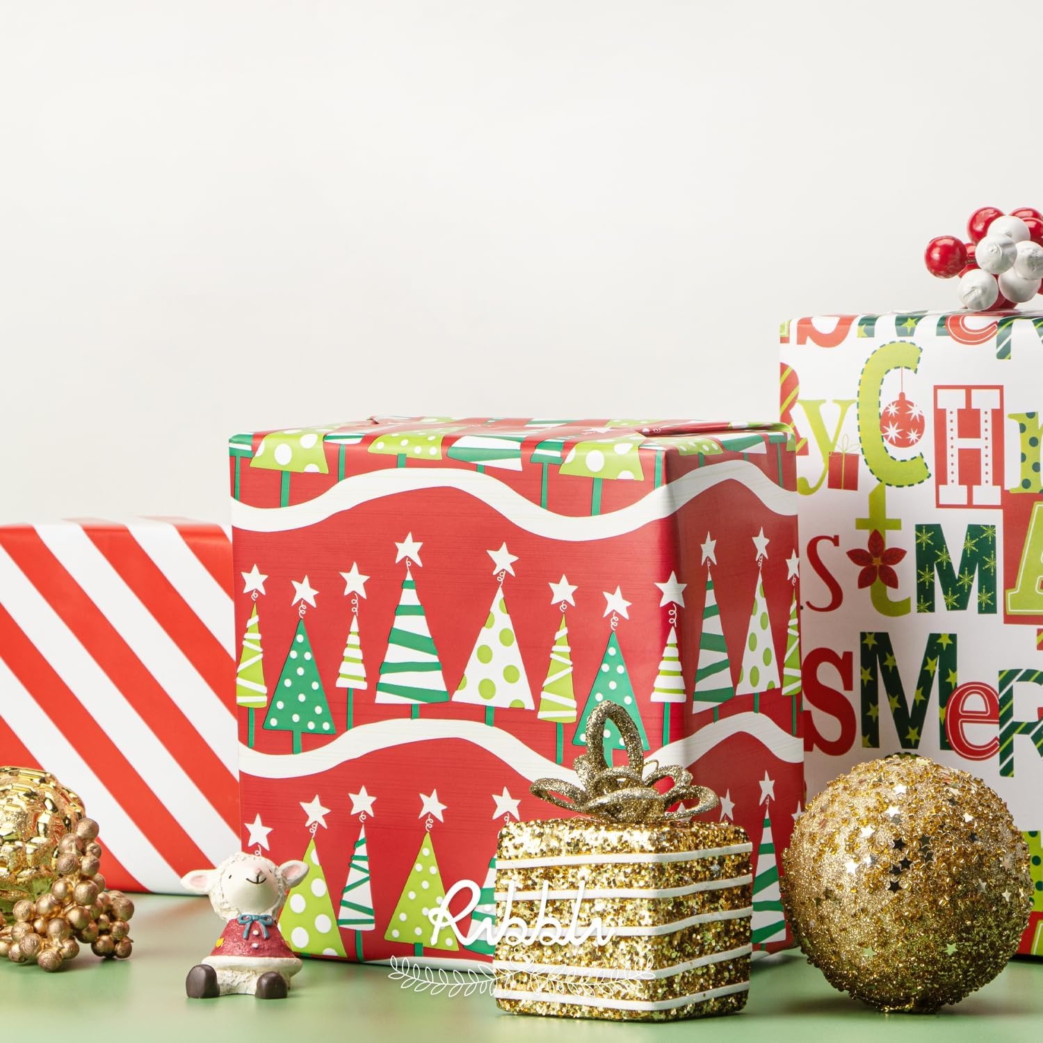 Ribbli Christmas Wrapping Paper Red White Green 3 Rolls Christmas Printed Assortment Gift Wrap Paper for Kids- Mini Roll 17 inch x 120 inch(10feet) Per Roll(Red/Green/White)