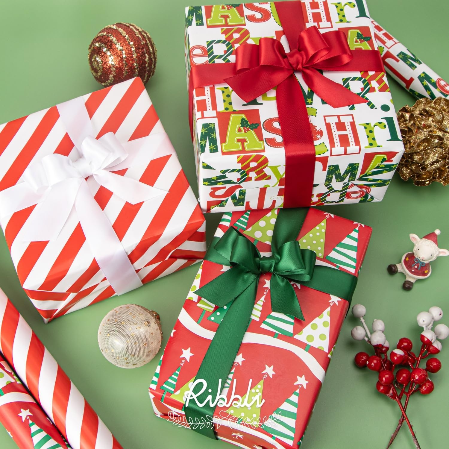 Ribbli Christmas Wrapping Paper Red White Green 3 Rolls Christmas Printed Assortment Gift Wrap Paper for Kids- Mini Roll 17 inch x 120 inch(10feet) Per Roll(Red/Green/White)
