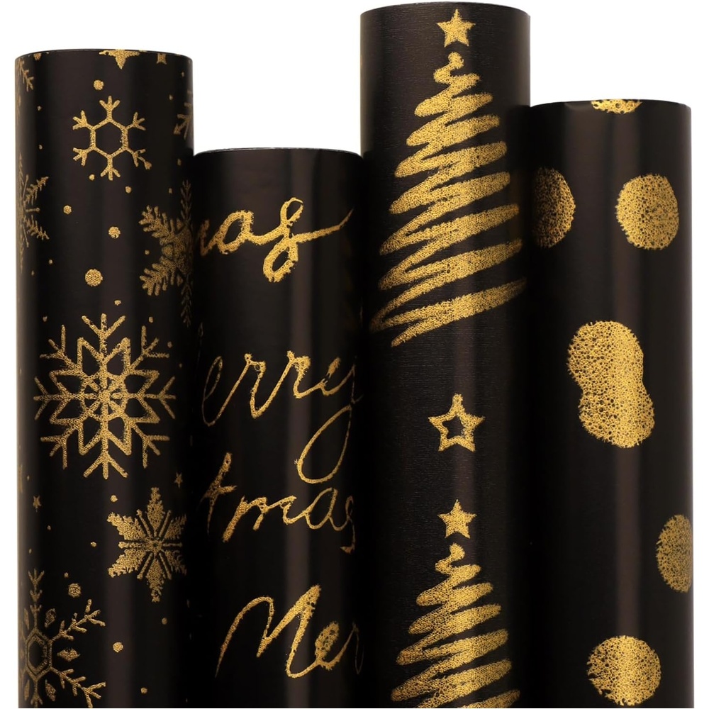 Ribbli Birthday Wrapping Paper Black and Gold Gift Wrapping Paper for Men Fathers Day Husband Boyfriend Mini Roll, 3 Rolls Stripe Geometry Pattern – 17 inch x 120 inch(10feet) Per Roll(Black/Gold Set)