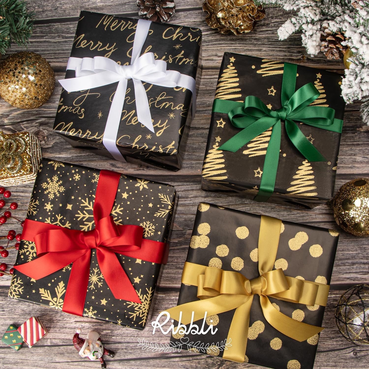 Ribbli Birthday Wrapping Paper Black and Gold Gift Wrapping Paper for Men Fathers Day Husband Boyfriend Mini Roll, 3 Rolls Stripe Geometry Pattern – 17 inch x 120 inch(10feet) Per Roll(Black/Gold Set)