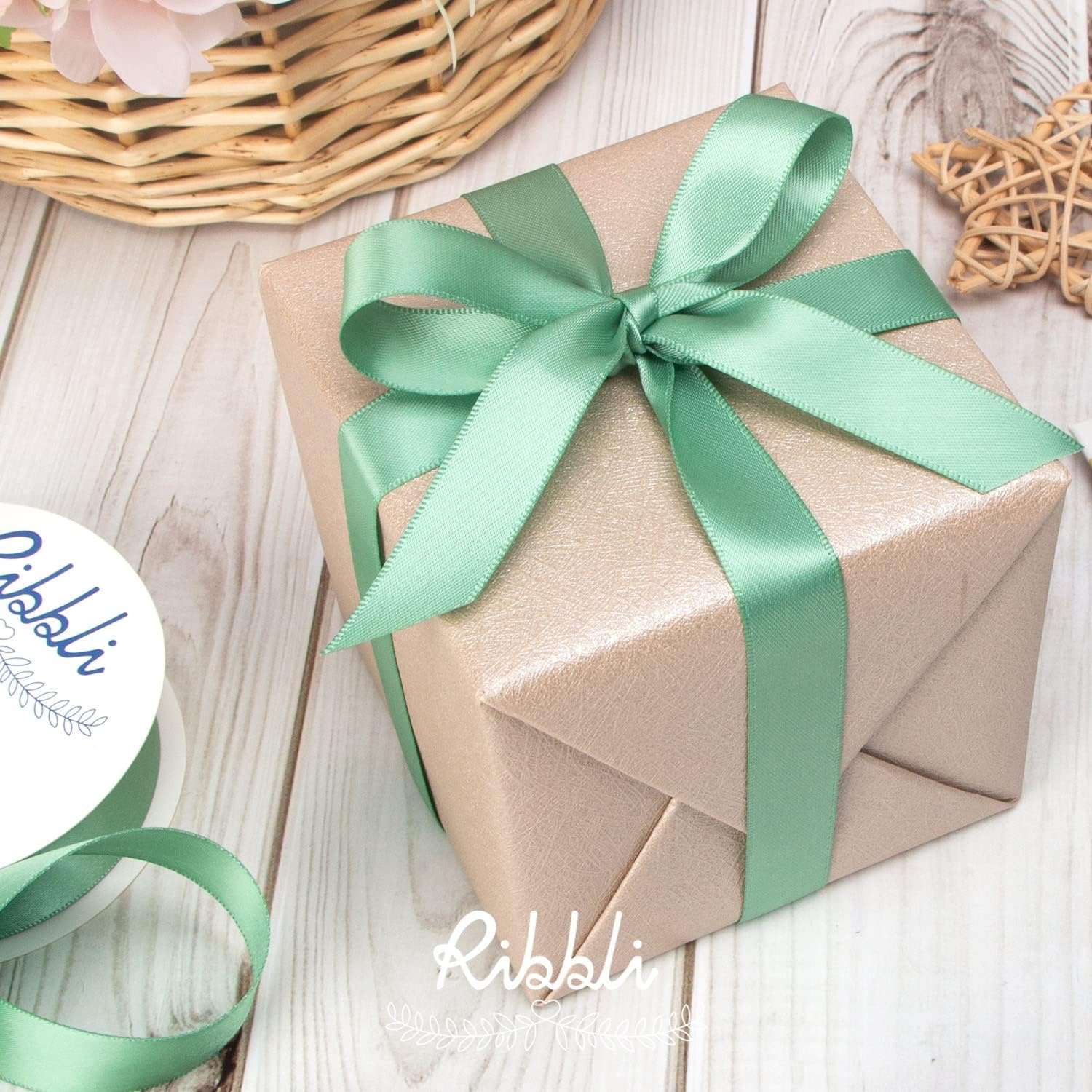 Ribbli Double Faced Rose Gold Satin Ribbon,3/8 x Continuous 25 Yards,Use for Bows Bouquet,Gift Wrapping,Floral Arrangement(Green Sage)
