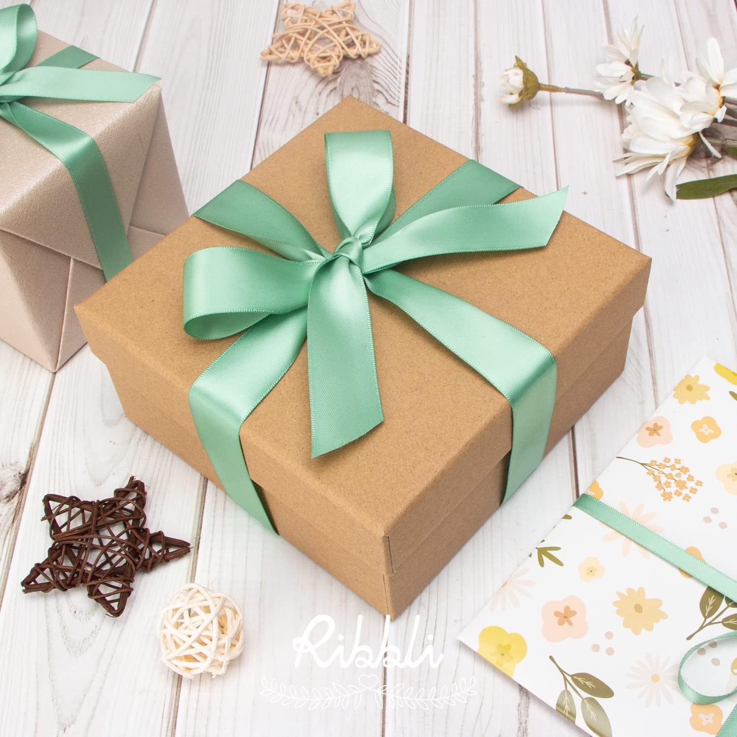 Ribbli Double Faced Rose Gold Satin Ribbon,3/8 x Continuous 25 Yards,Use for Bows Bouquet,Gift Wrapping,Floral Arrangement(Green Sage)