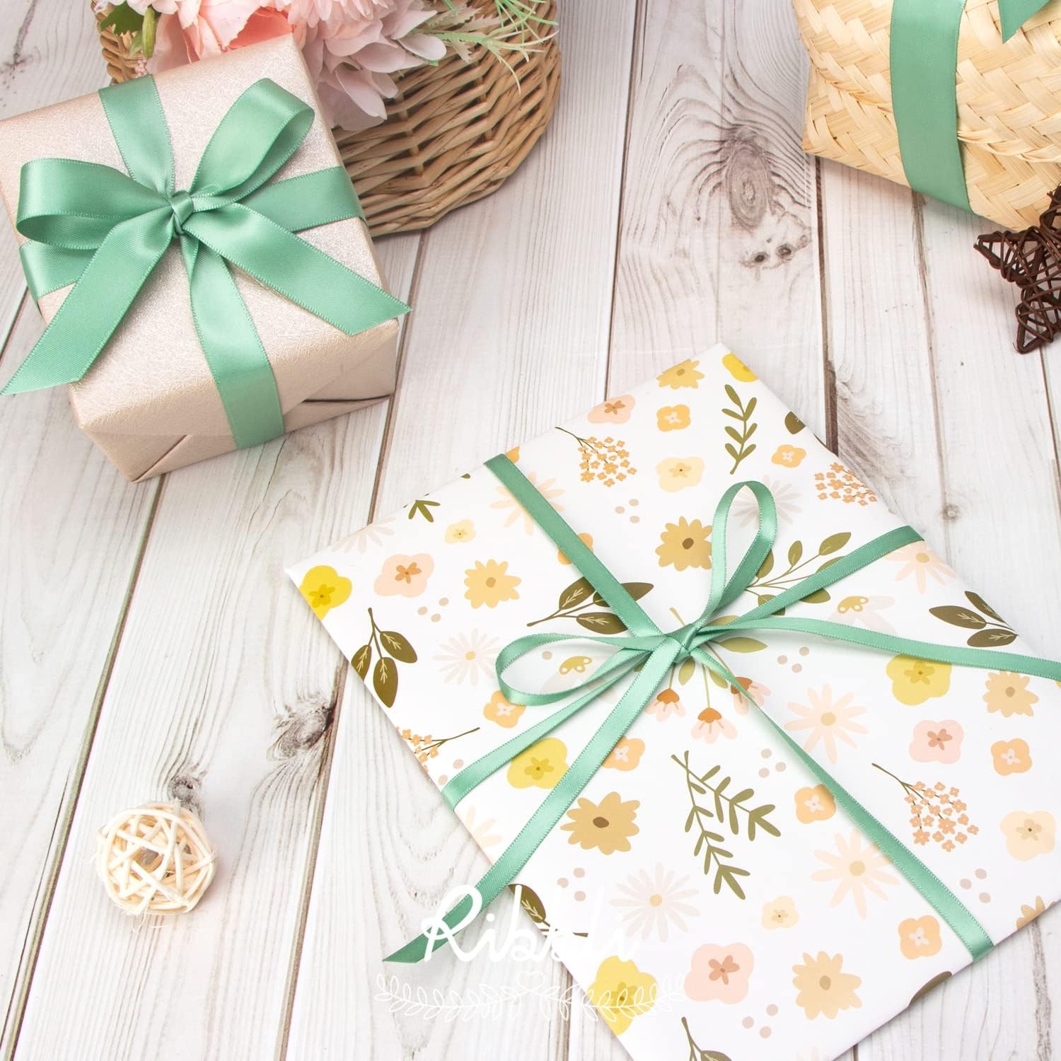 Ribbli Double Faced Rose Gold Satin Ribbon,3/8 x Continuous 25 Yards,Use for Bows Bouquet,Gift Wrapping,Floral Arrangement(Green Sage)