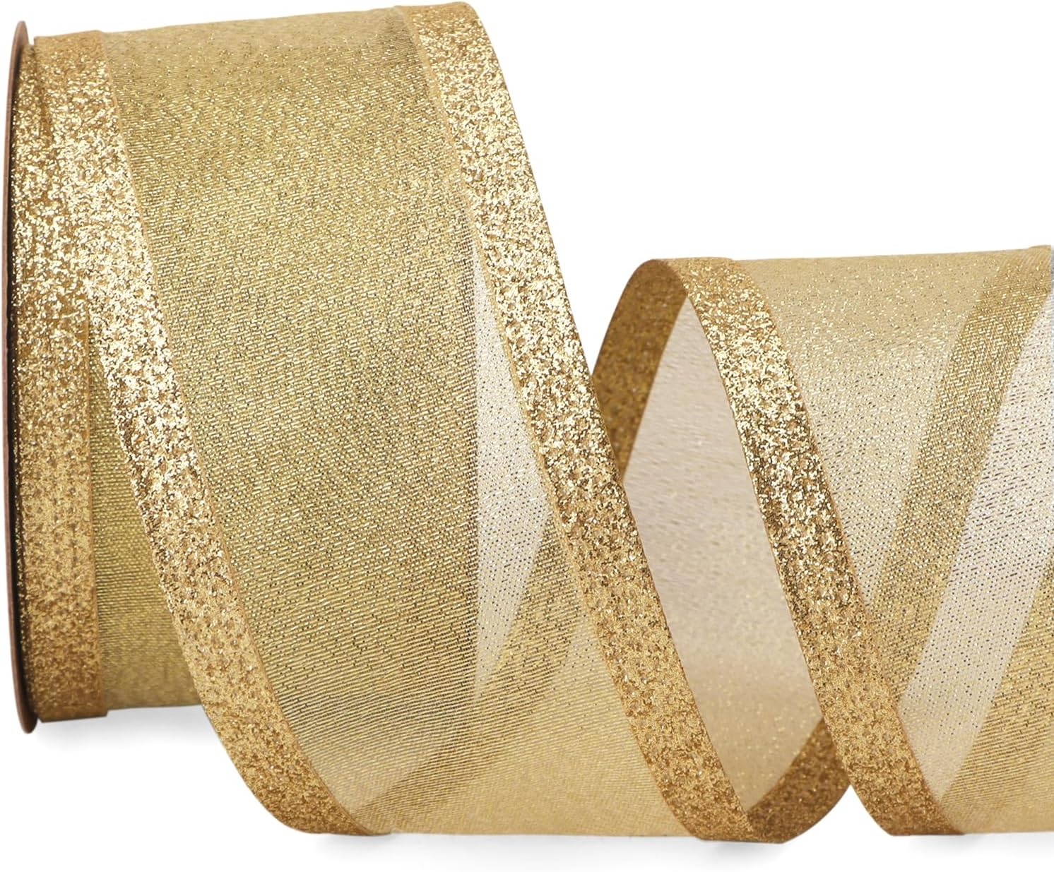 Ribbli Pink Christmas Wired Ribbon, Metallic Wired Ribbon with Glitter Edge 1-1/2 Inch x 10 Yard for Christmas Tree Decoration, Gift Wrapping, Wreaths Supplies, Swag, Holiday Decor(Gold)