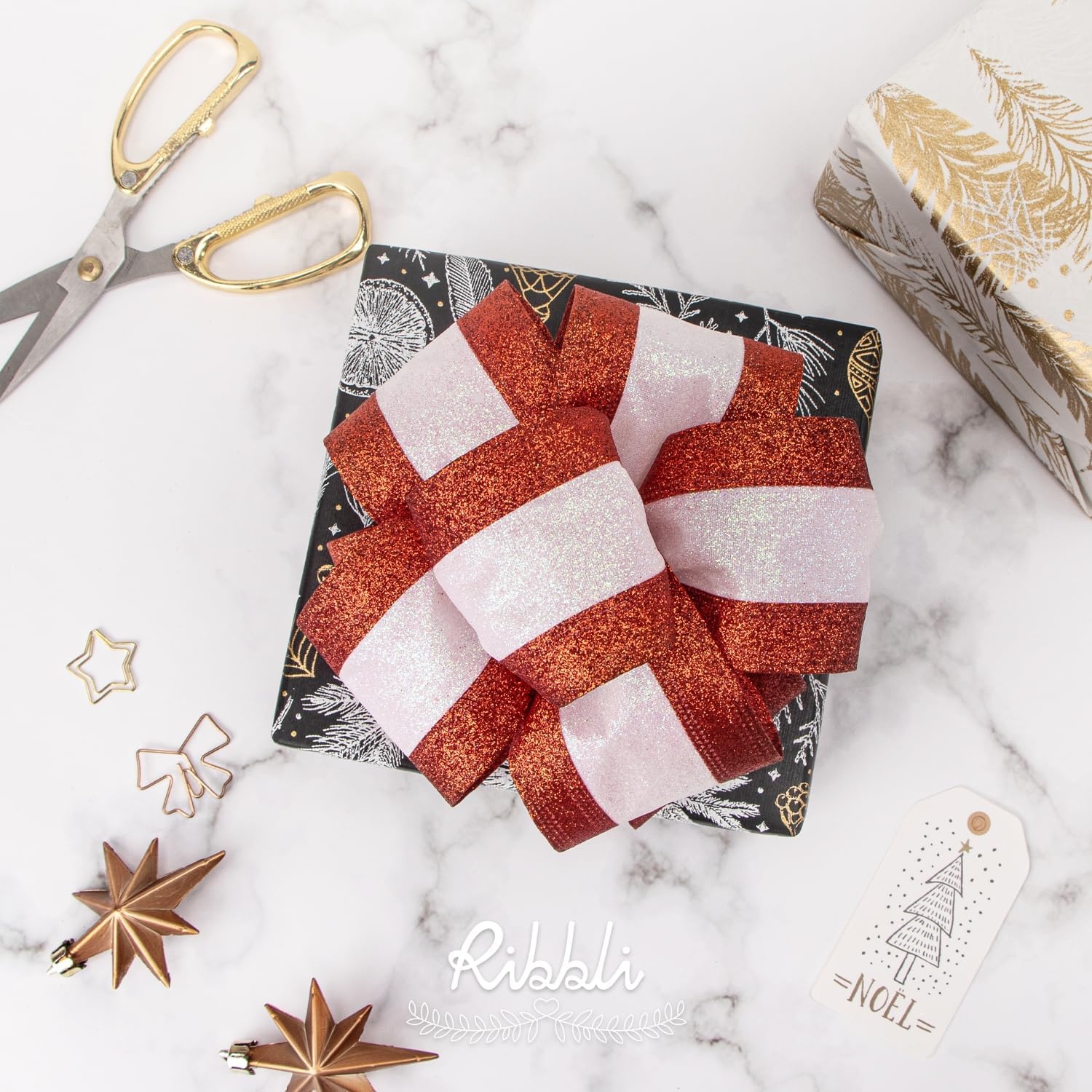 Ribbli Champagne Gold Wired Ribbon Satin with Glitter Edge 2.5 Inch Champagne Christmas Ribbon for Tree Gift Wrapping Wreaths Garland Topper Bows Crafts Home Decor -10 Yards(Red/White)