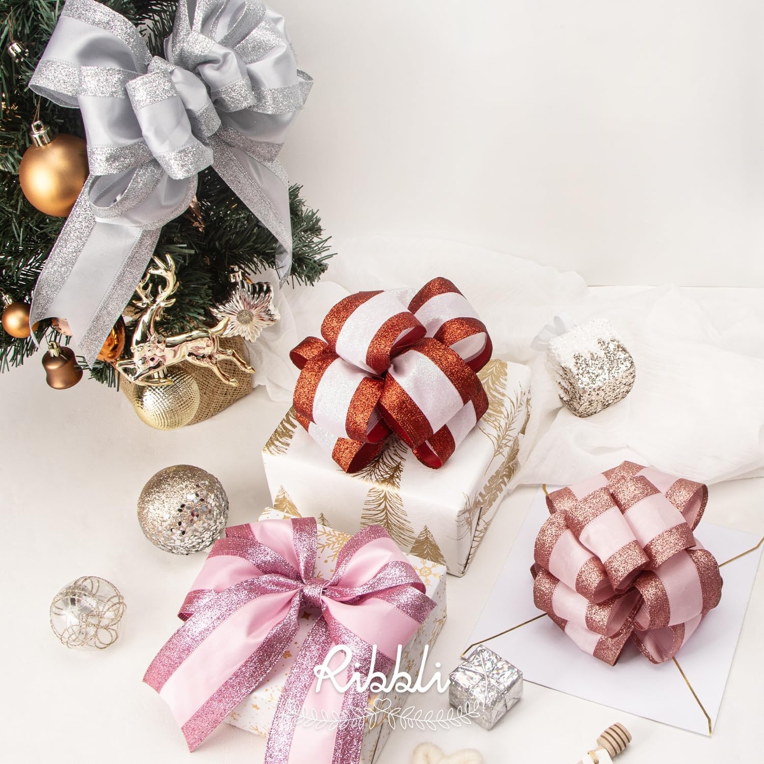 Ribbli Champagne Gold Wired Ribbon Satin with Glitter Edge 2.5 Inch Champagne Christmas Ribbon for Tree Gift Wrapping Wreaths Garland Topper Bows Crafts Home Decor -10 Yards(Red/White)