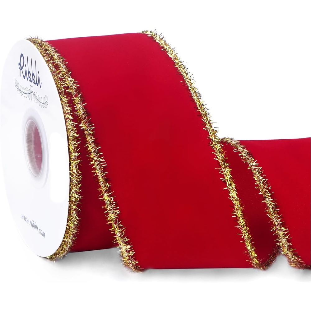 Ribbli Black Velvet Wired Ribbon with White Snow Drift Edge, 4 Inch x 10 Yard Christmas Ribbon for Big Bow,Gift Wrapping,Wreath,Tree Decoration(Red/Gold)