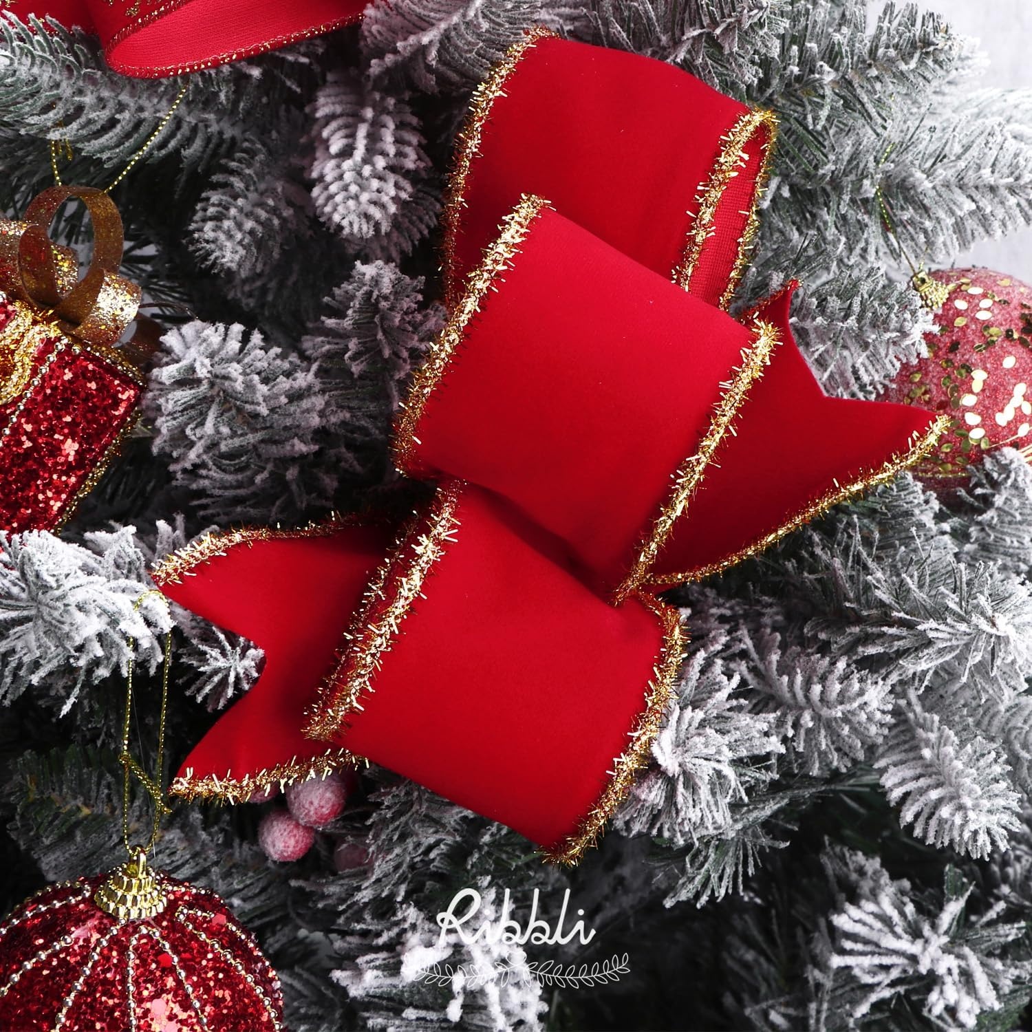 Ribbli Black Velvet Wired Ribbon with White Snow Drift Edge, 4 Inch x 10 Yard Christmas Ribbon for Big Bow,Gift Wrapping,Wreath,Tree Decoration(Red/Gold)
