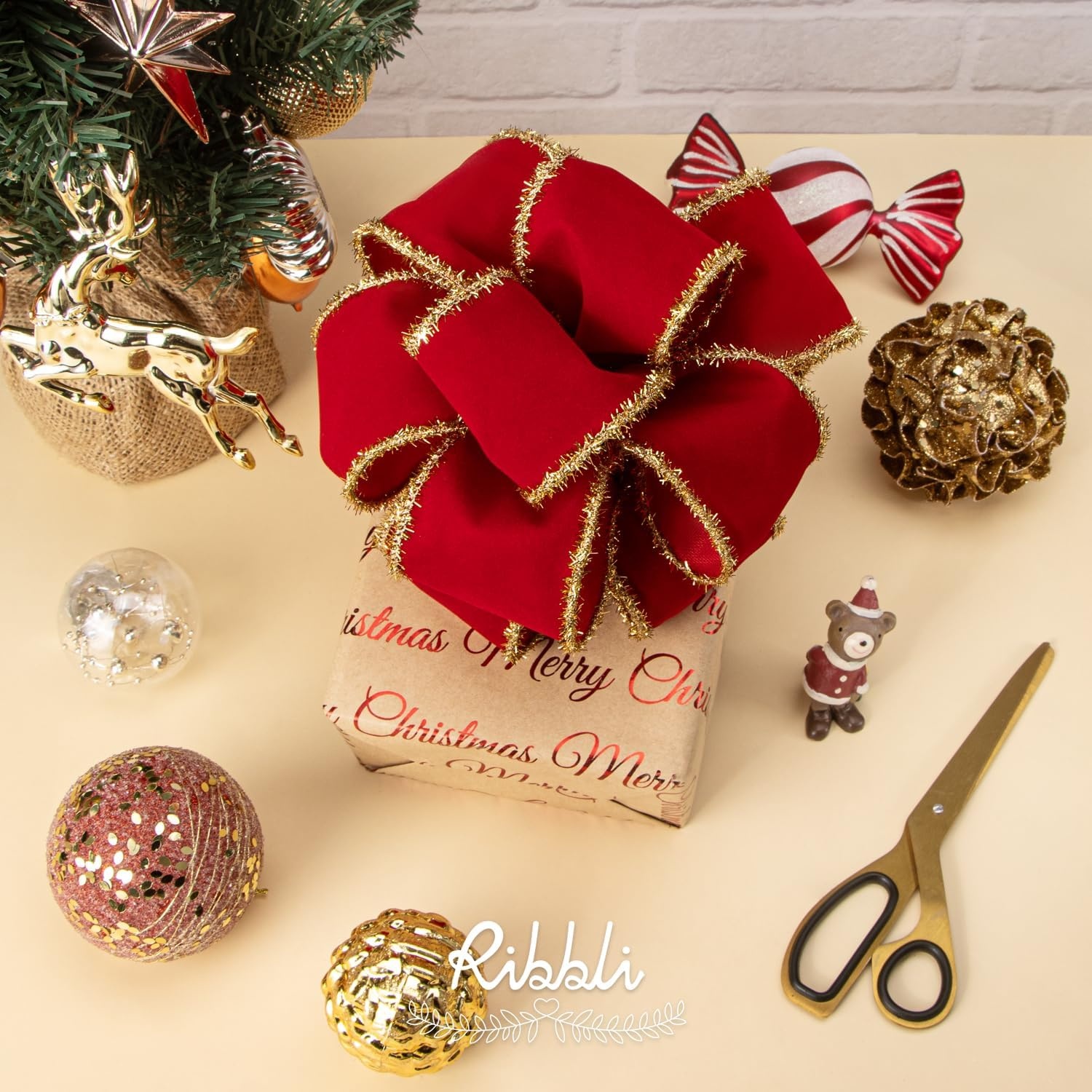 Ribbli Black Velvet Wired Ribbon with White Snow Drift Edge, 4 Inch x 10 Yard Christmas Ribbon for Big Bow,Gift Wrapping,Wreath,Tree Decoration(Red/Gold)