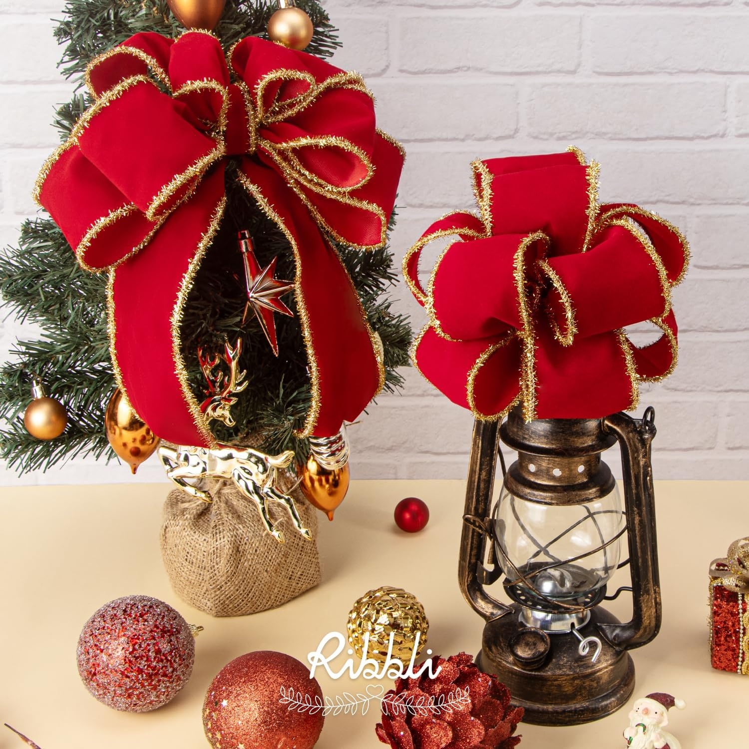 Ribbli Black Velvet Wired Ribbon with White Snow Drift Edge, 4 Inch x 10 Yard Christmas Ribbon for Big Bow,Gift Wrapping,Wreath,Tree Decoration(Red/Gold)