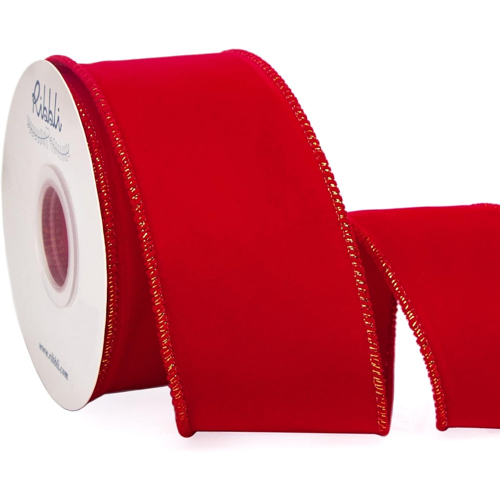 Ribbli Black Velvet Wired Ribbon with White Snow Drift Edge, 4 Inch x 10 Yard Christmas Ribbon for Big Bow,Gift Wrapping,Wreath,Tree Decoration(Red)