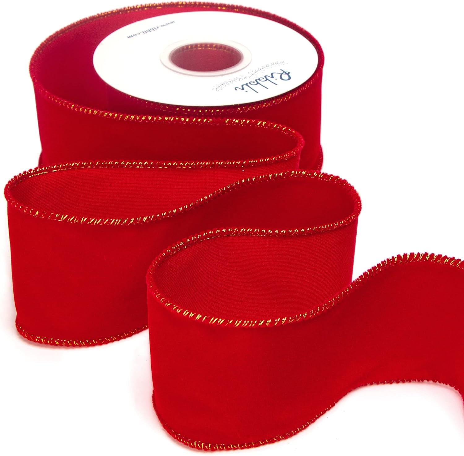 Ribbli Black Velvet Wired Ribbon with White Snow Drift Edge, 4 Inch x 10 Yard Christmas Ribbon for Big Bow,Gift Wrapping,Wreath,Tree Decoration(Red)
