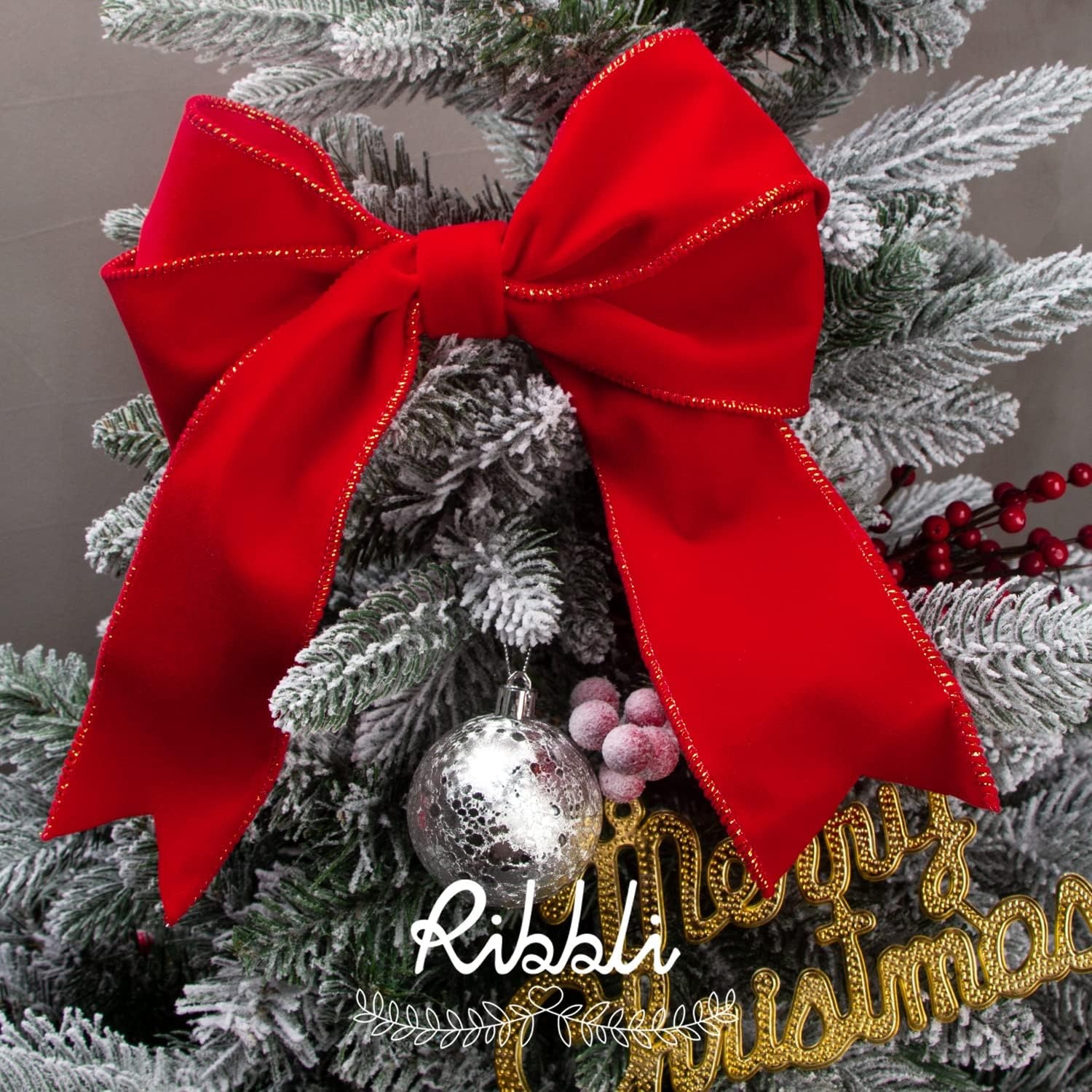 Ribbli Black Velvet Wired Ribbon with White Snow Drift Edge, 4 Inch x 10 Yard Christmas Ribbon for Big Bow,Gift Wrapping,Wreath,Tree Decoration(Red)