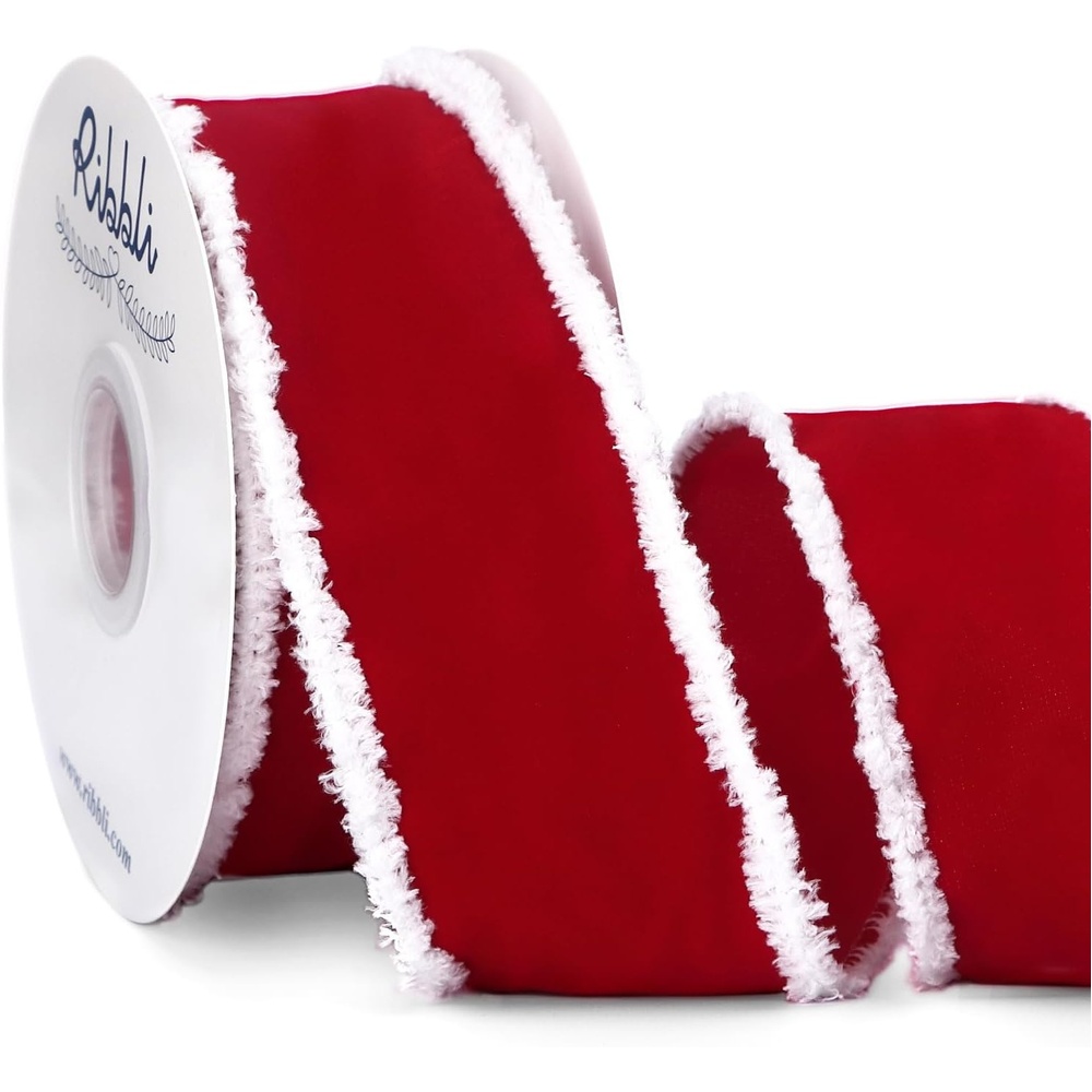 Ribbli Black Velvet Wired Ribbon with White Snow Drift Edge, 4 Inch x 10 Yard Christmas Ribbon for Big Bow,Gift Wrapping,Wreath,Tree Decoration(Red/White)