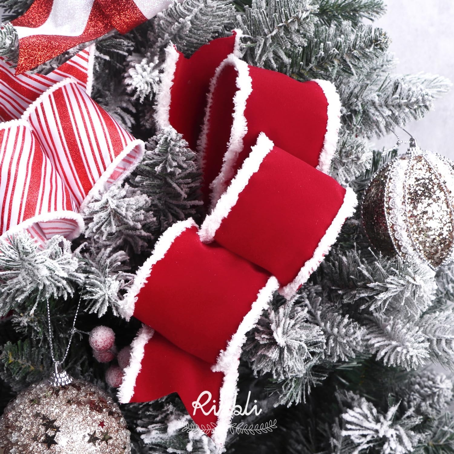 Ribbli Black Velvet Wired Ribbon with White Snow Drift Edge, 4 Inch x 10 Yard Christmas Ribbon for Big Bow,Gift Wrapping,Wreath,Tree Decoration(Red/White)