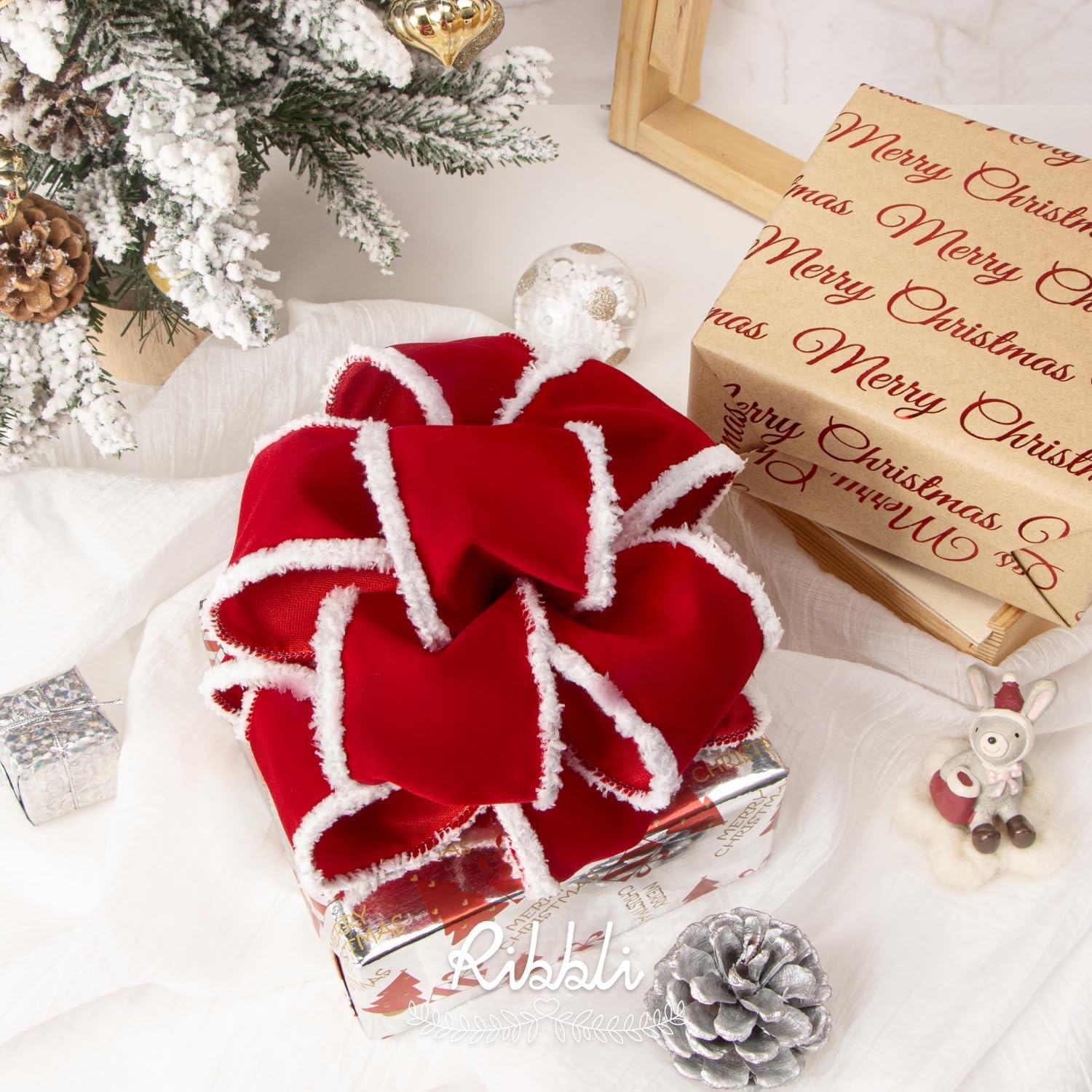 Ribbli Black Velvet Wired Ribbon with White Snow Drift Edge, 4 Inch x 10 Yard Christmas Ribbon for Big Bow,Gift Wrapping,Wreath,Tree Decoration(Red/White)