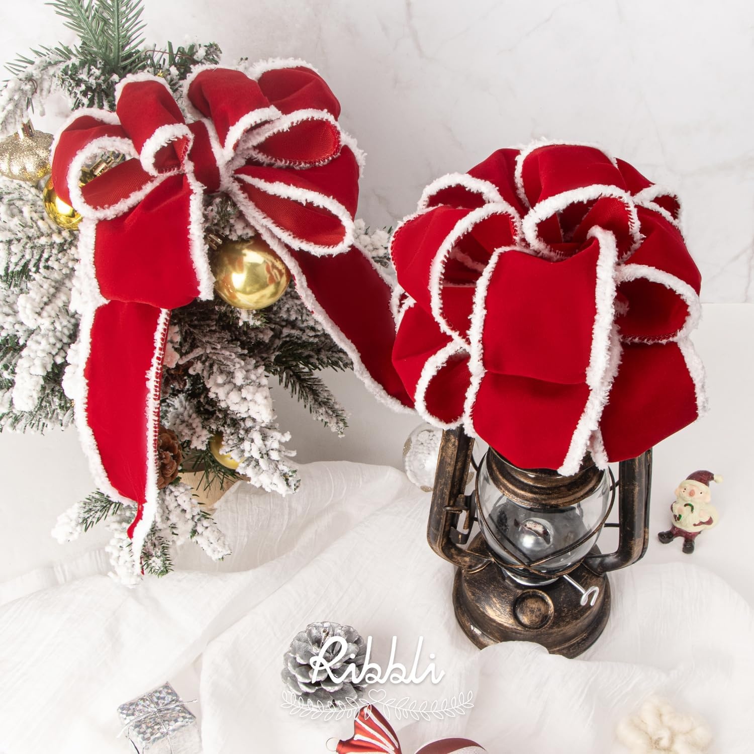 Ribbli Black Velvet Wired Ribbon with White Snow Drift Edge, 4 Inch x 10 Yard Christmas Ribbon for Big Bow,Gift Wrapping,Wreath,Tree Decoration(Red/White)