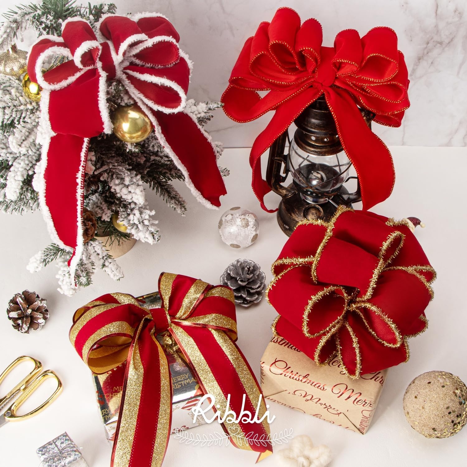 Ribbli Black Velvet Wired Ribbon with White Snow Drift Edge, 4 Inch x 10 Yard Christmas Ribbon for Big Bow,Gift Wrapping,Wreath,Tree Decoration(Red/White)