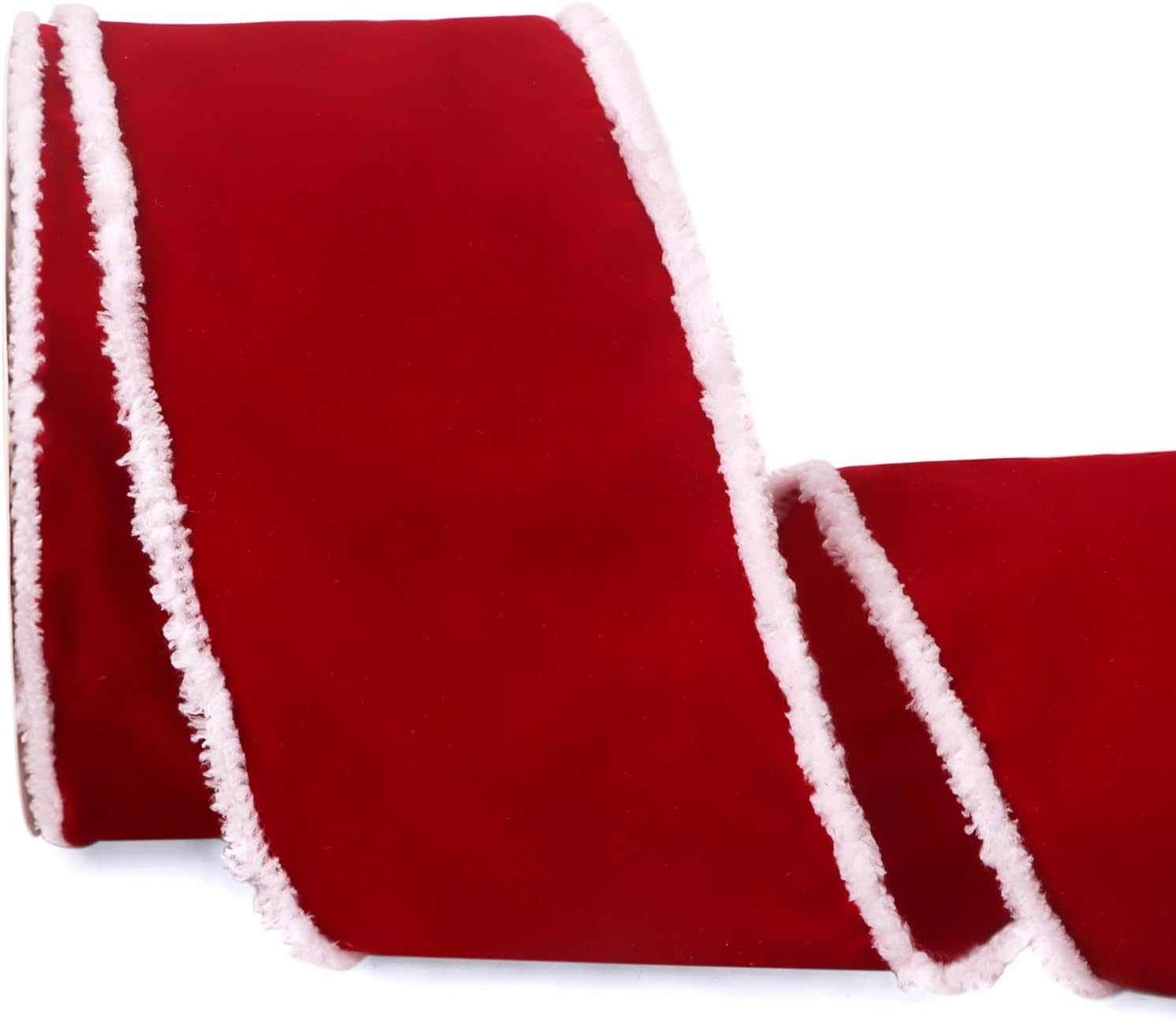 Ribbli Black Velvet Wired Ribbon with White Snow Drift Edge, 4 Inch x 10 Yard Christmas Ribbon for Big Bow,Gift Wrapping,Wreath,Tree Decoration(Red/White)