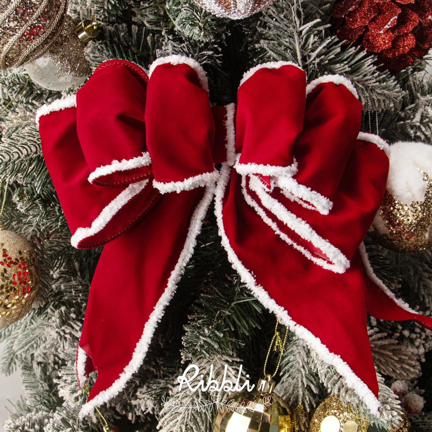 Ribbli Black Velvet Wired Ribbon with White Snow Drift Edge, 4 Inch x 10 Yard Christmas Ribbon for Big Bow,Gift Wrapping,Wreath,Tree Decoration(Red/White)