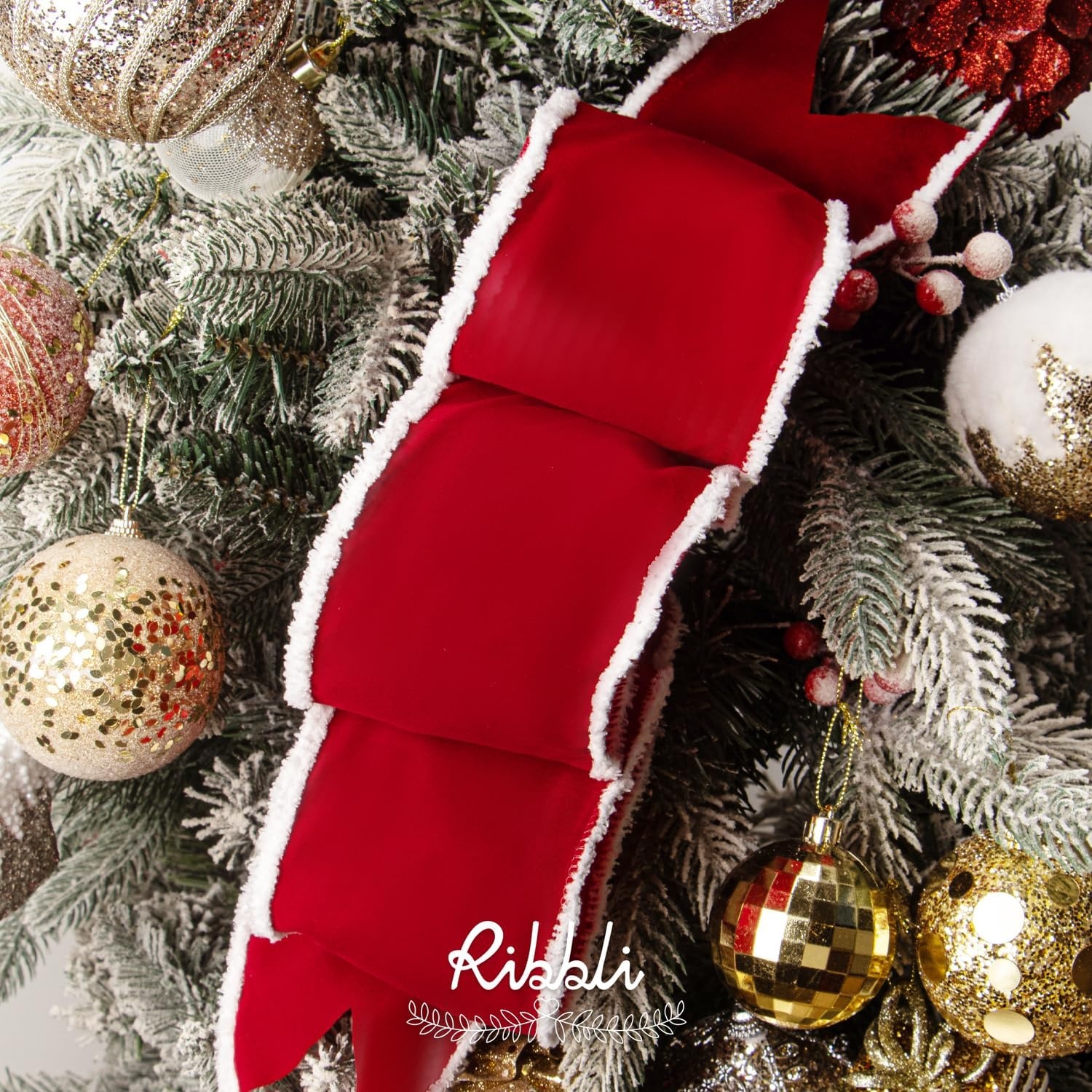 Ribbli Black Velvet Wired Ribbon with White Snow Drift Edge, 4 Inch x 10 Yard Christmas Ribbon for Big Bow,Gift Wrapping,Wreath,Tree Decoration(Red/White)