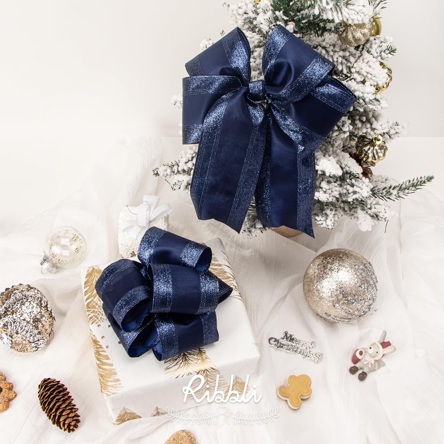 Ribbli Champagne Wired Ribbon Ivory Satin with Champagne Glitter Edge 2.5 Inch Christmas Ribbon for Tree Gift Wrapping Wreaths Garland Topper Bows Crafts Home Decor -10 Yards(Navy)