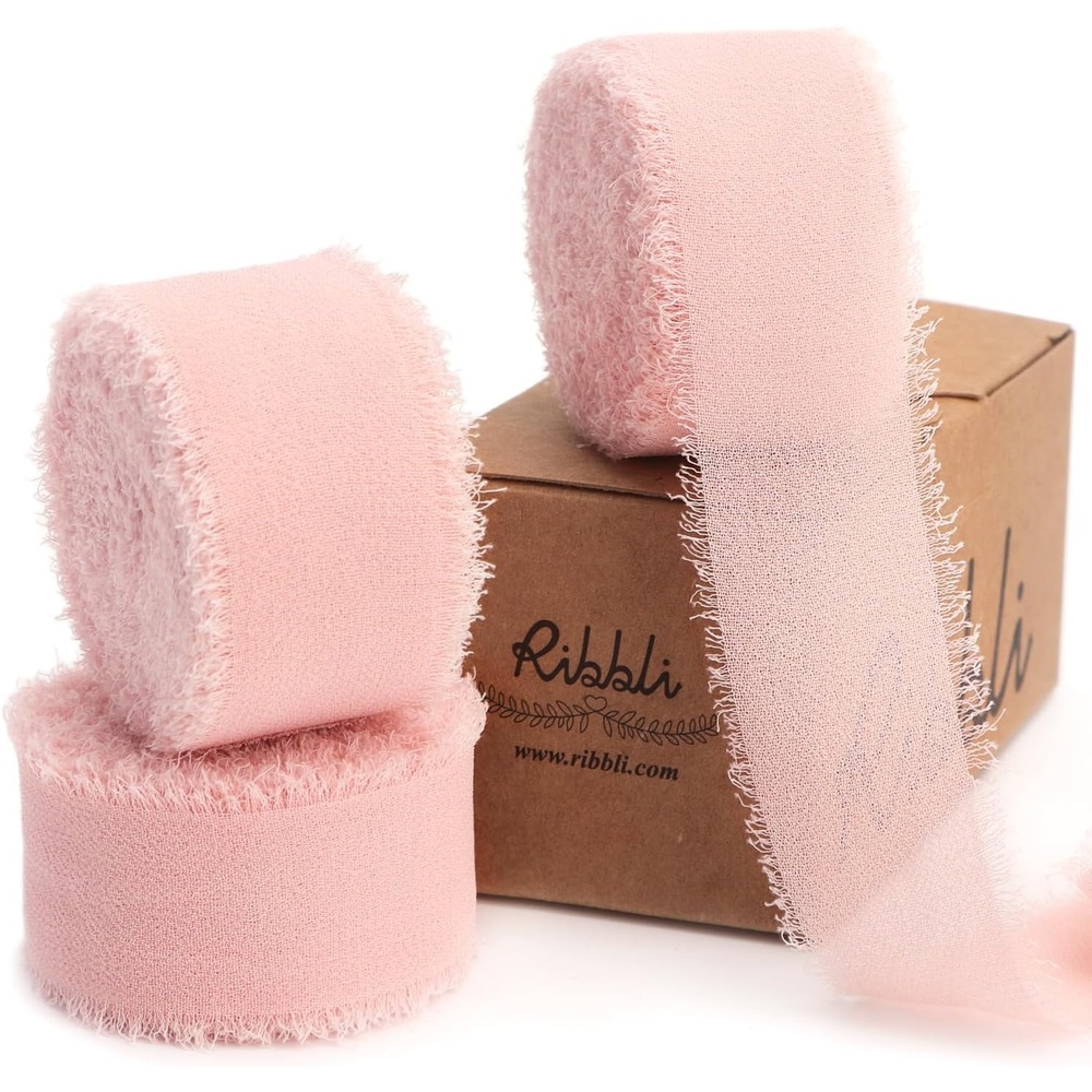 Ribbli Creamy Sage Ribbon 1 Inch x 3 Rolls Total 24 Yards Light Green Handmade Fringe Chiffon Silk Ribbon for Wrapping Wedding Invitations Bridal Bouquets DIY Crafts Home Decor(Blush Pink)