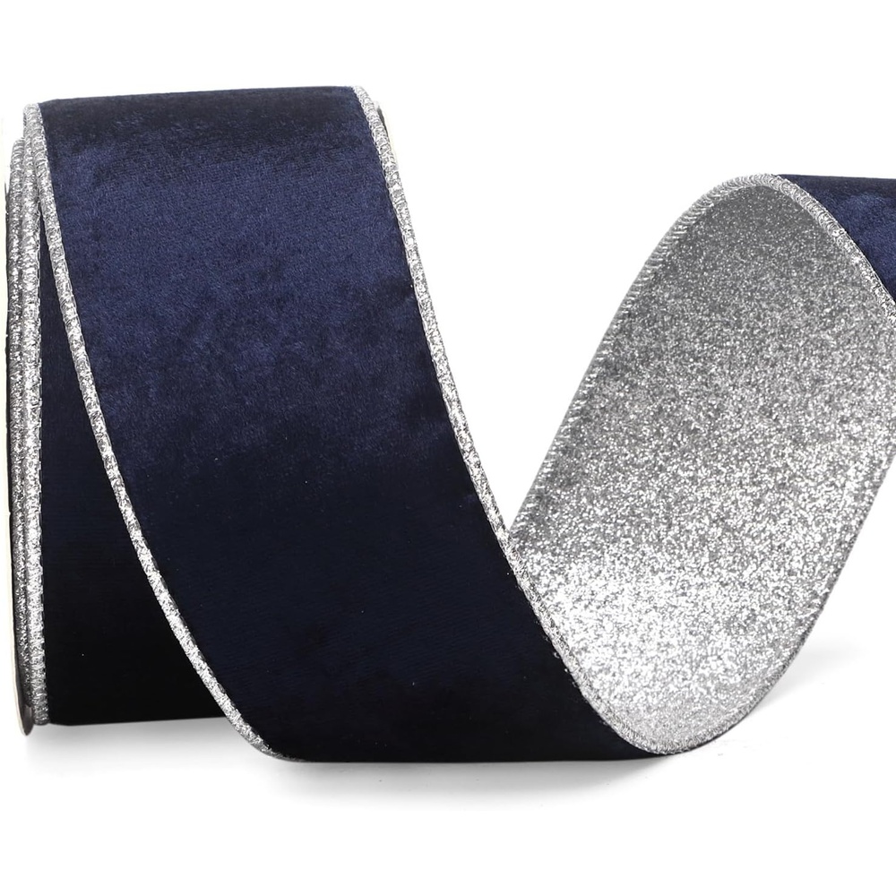 Ribbli Light Champagne Velvet Wired Ribbon 4 Inch Ivory Velvet with Champagne Glitter Christmas Ribbon for Christmas Tree Decoration Big Bow Gift Wrapping Crafts Wreaths Supplies- 10 Yards(Navy&Silver)