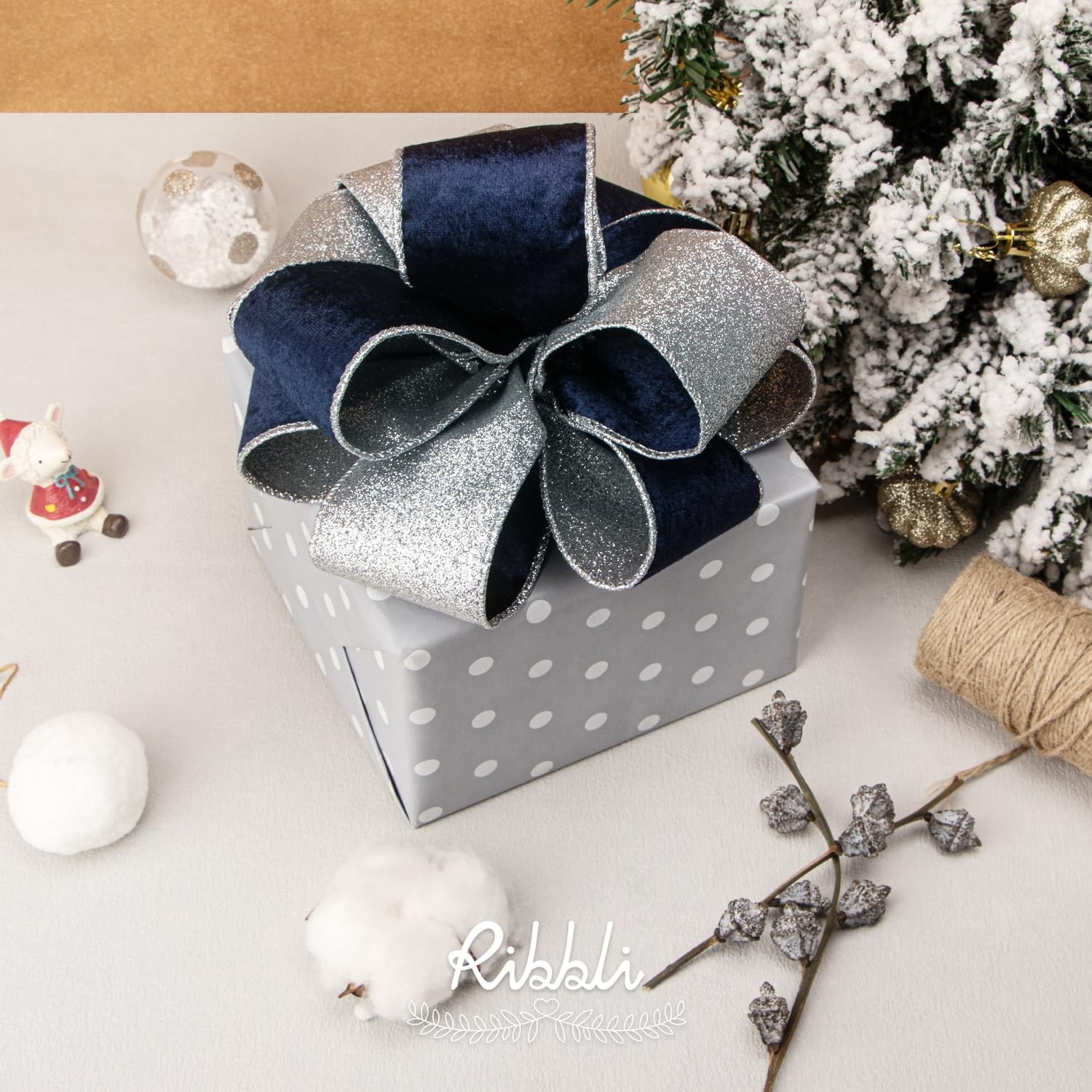 Ribbli Light Champagne Velvet Wired Ribbon 4 Inch Ivory Velvet with Champagne Glitter Christmas Ribbon for Christmas Tree Decoration Big Bow Gift Wrapping Crafts Wreaths Supplies- 10 Yards(Navy&Silver)
