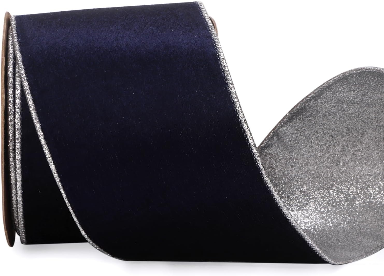 Ribbli Light Champagne Velvet Wired Ribbon 4 Inch Ivory Velvet with Champagne Glitter Christmas Ribbon for Christmas Tree Decoration Big Bow Gift Wrapping Crafts Wreaths Supplies- 10 Yards(Navy&Silver)
