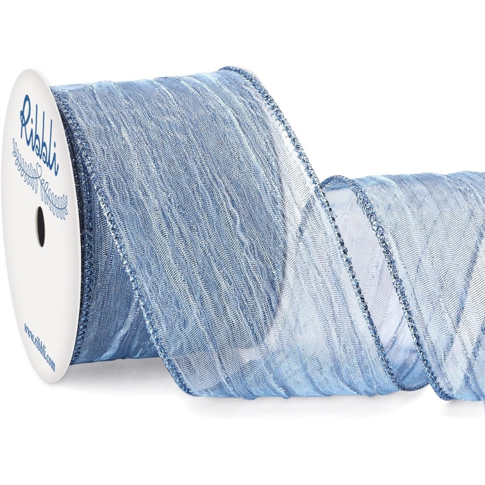 Ribbli Gold Crinkled Wired Ribbon 2.5 Inch with Metallic Wavy Christmas Ribbon for Cristmas Tree Topper Bow Wreaths Swags Gift Wrapping Wedding Decoration-Countinuous 10 Yard(Dusty Blue)