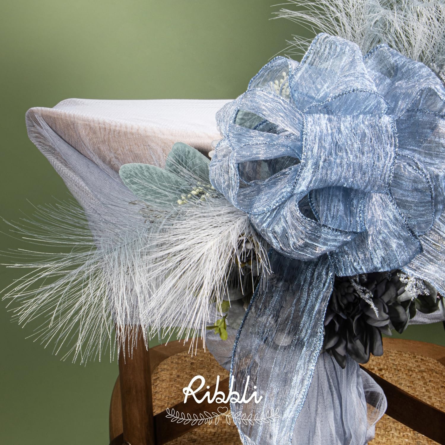 Ribbli Gold Crinkled Wired Ribbon 2.5 Inch with Metallic Wavy Christmas Ribbon for Cristmas Tree Topper Bow Wreaths Swags Gift Wrapping Wedding Decoration-Countinuous 10 Yard(Dusty Blue)