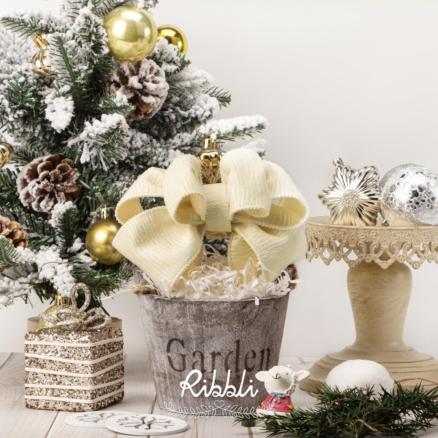 Ribbli Dark Green Crinkled Velvet Wired Ribbon 2.5 Inch Velvet Christmas Ribbon for Gift Wrapping Christmas Tree Decoration Crafts Wreaths Supplies-Continuous 10 Yards(Ivory)