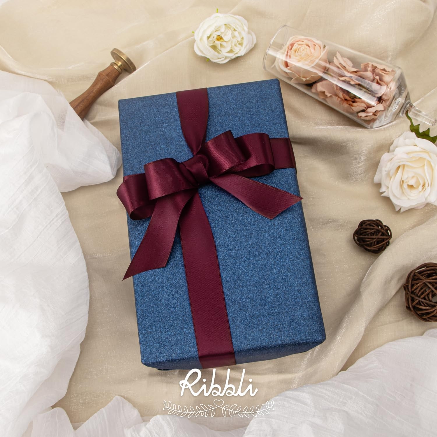 Ribbli Dusty Blue Satin Ribbon Double Faced Satin 1-1/2 Inch x Continuous 50 Yards-Blue Ribbon for Gift Wrapping Crafts Wedding Decoration Bows Bouquet Floral Arrangement(Dark Burgundy)
