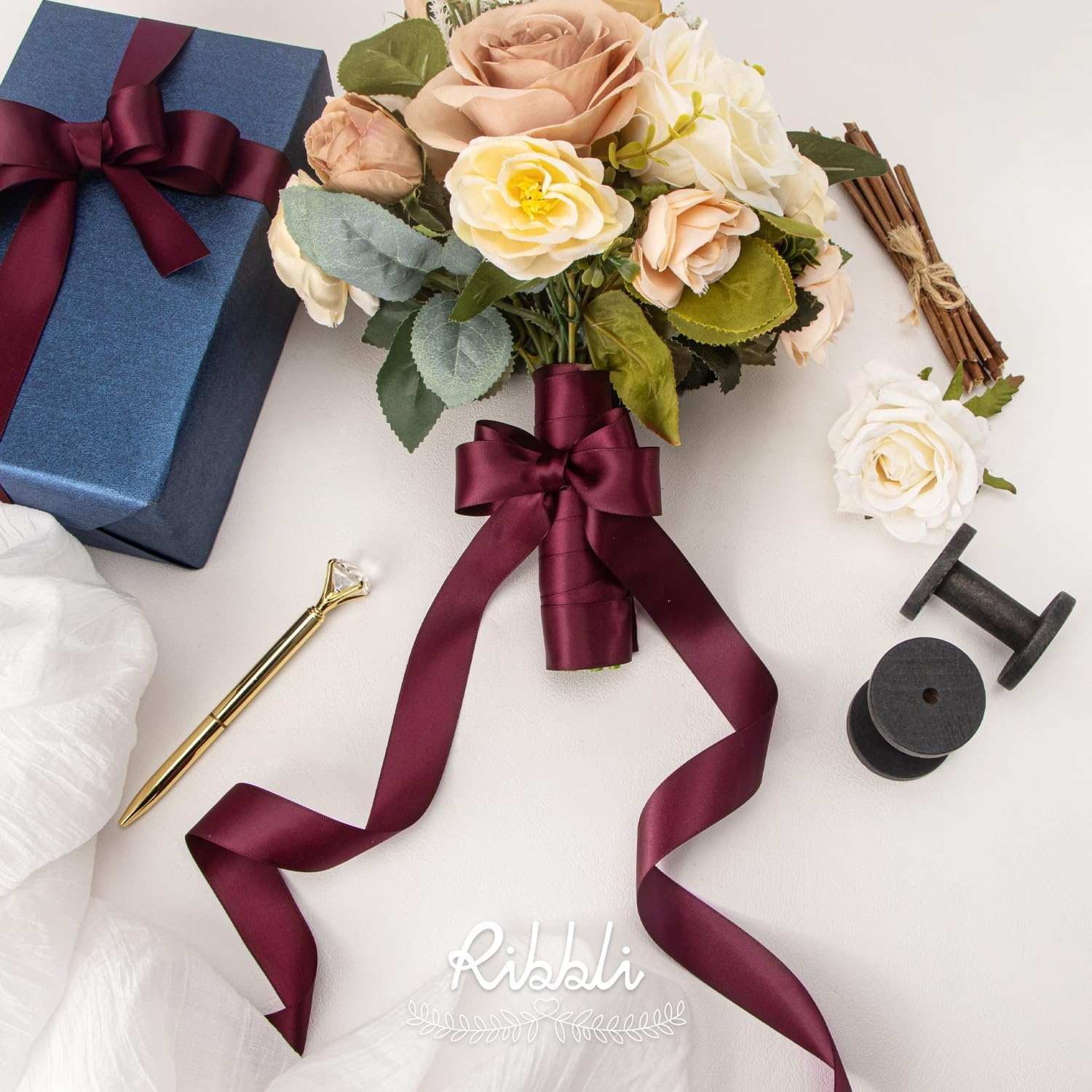 Ribbli Dusty Blue Satin Ribbon Double Faced Satin 1-1/2 Inch x Continuous 50 Yards-Blue Ribbon for Gift Wrapping Crafts Wedding Decoration Bows Bouquet Floral Arrangement(Dark Burgundy)