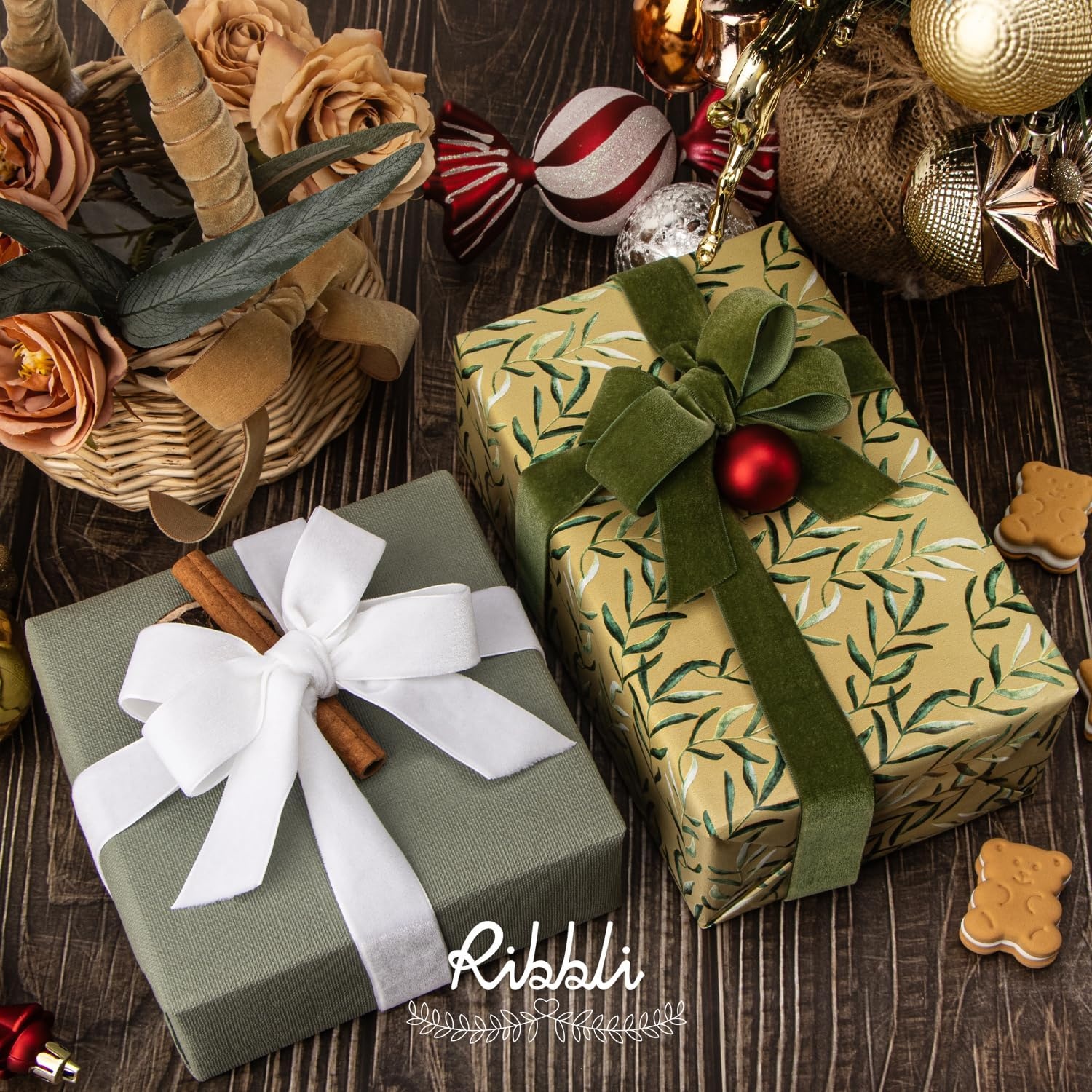 Ribbli Sage Green Velvet Ribbon 1/8 Inches Continuous 25 Yard Spool Sage Green Christmas Ribbon for Gift Wrapping Crafts Home Decor(Moss Green)