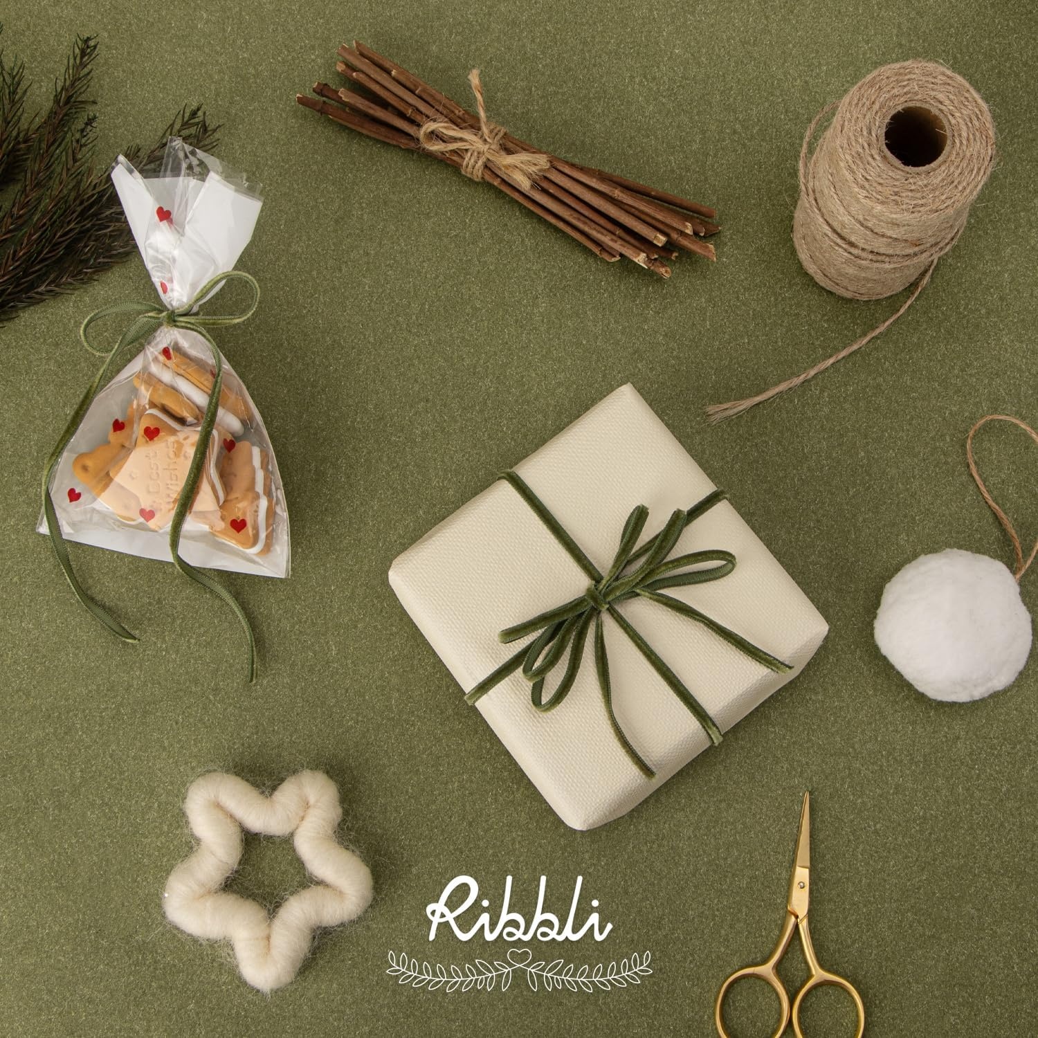 Ribbli Sage Green Velvet Ribbon 1/8 Inches Continuous 25 Yard Spool Sage Green Christmas Ribbon for Gift Wrapping Crafts Home Decor(Moss Green)