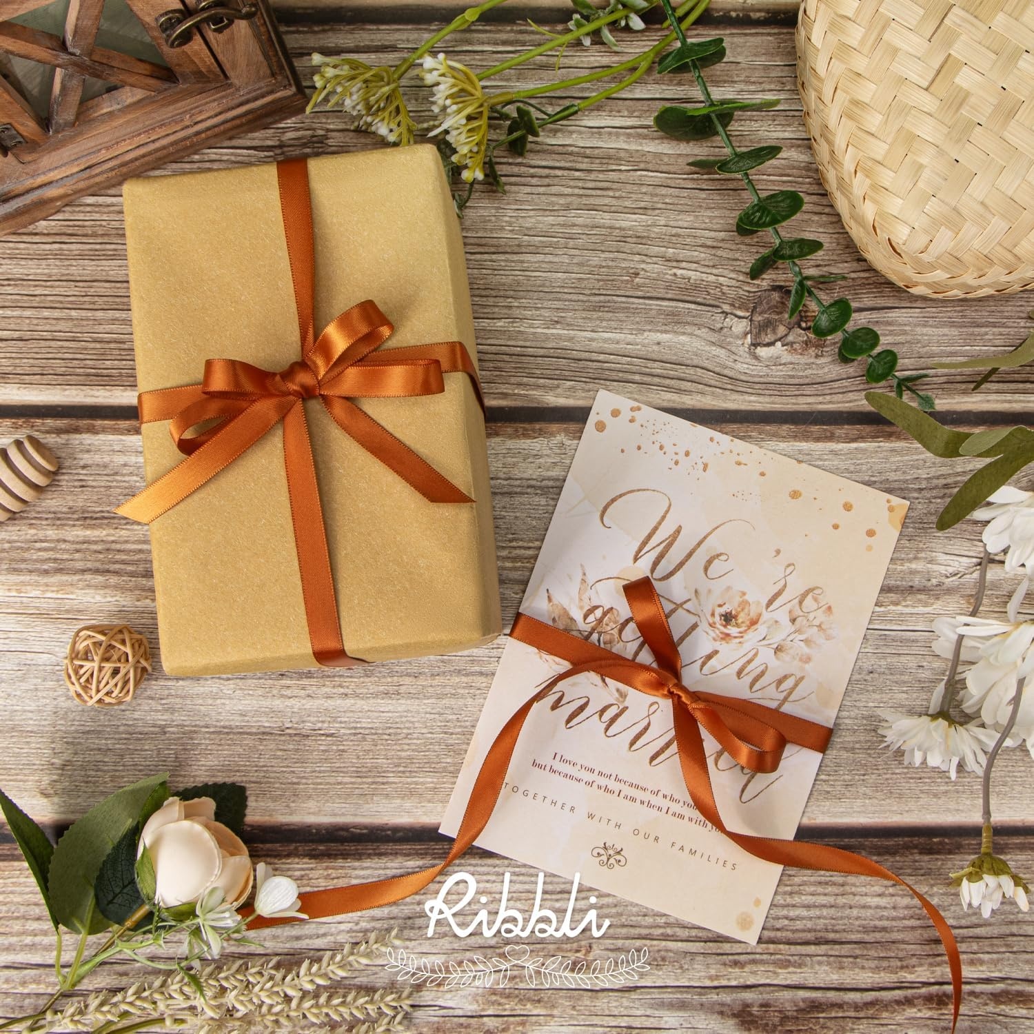 Ribbli Champagne Gold Satin Ribbon Double Faced Satin 3/8 Inch x Continuous 50 Yards-Champagne Ribbon for Gift Wrapping Crafts Wedding Decoration Bows Bouquet Floral Arrangement(Copper)