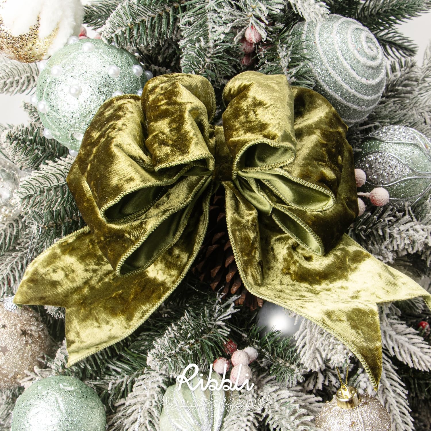 Ribbli Royal Blue Velvet Wired Ribbon 4 Inch Crushed Velvet Christmas Ribbon for Gift Wrapping Christmas Tree Decoration Crafts Wreaths Supplies-Continuous 10 Yards(Spring Moss)