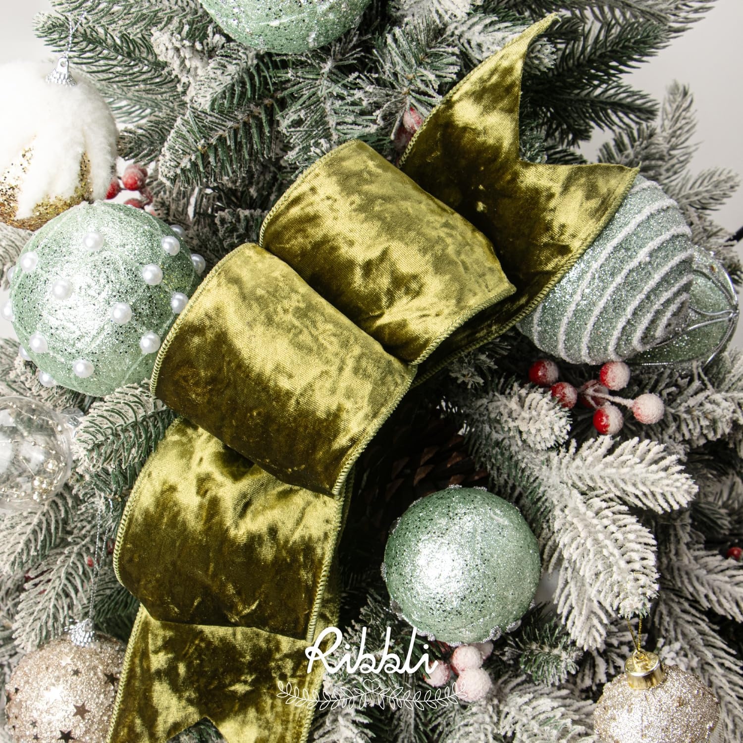 Ribbli Royal Blue Velvet Wired Ribbon 4 Inch Crushed Velvet Christmas Ribbon for Gift Wrapping Christmas Tree Decoration Crafts Wreaths Supplies-Continuous 10 Yards(Spring Moss)