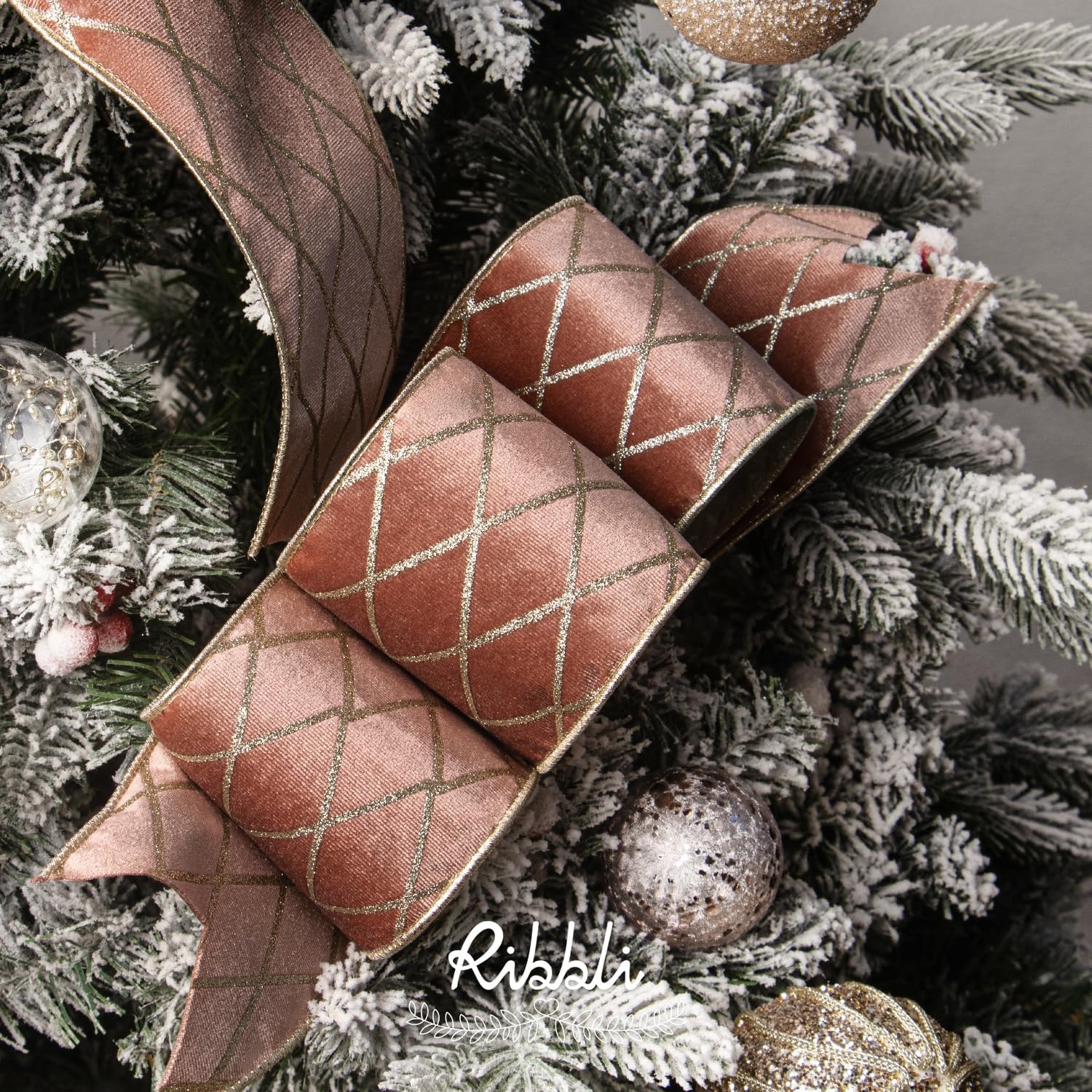 Ribbli Dusty Green Velvet Ribbon Wired with Glitter Diamond Grid 2-1/2 Inch Christmas Ribbon for Christmas Tree Decoration Big Bow Gift Wrapping Crafts Wreaths Garland Supplies – 10 Yards(Rose Gold)