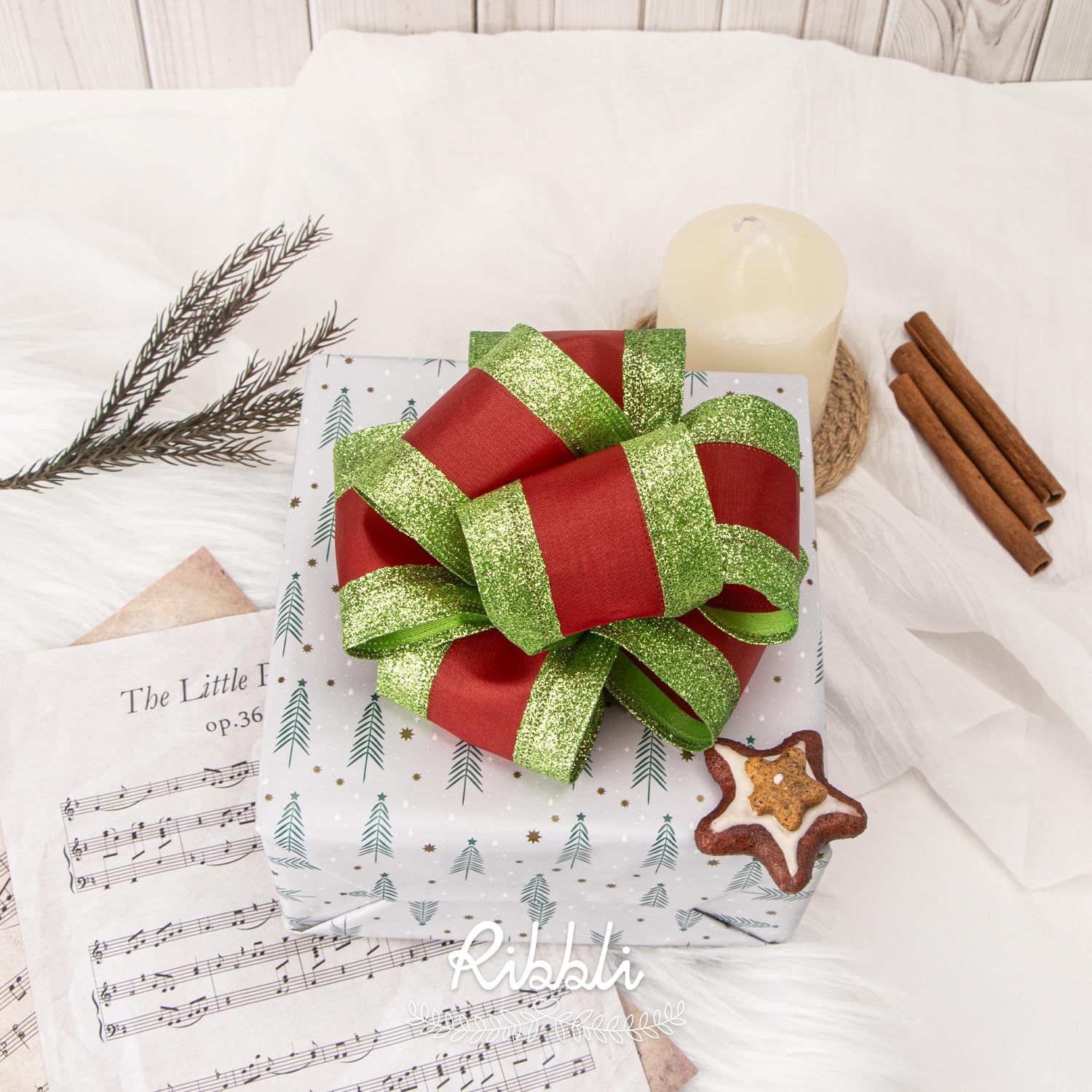 Ribbli Champagne Wired Ribbon Ivory Satin with Champagne Glitter Edge 2.5 Inch Christmas Ribbon for Tree Gift Wrapping Wreaths Garland Topper Bows Crafts Home Decor -10 Yards(Lime/Red)