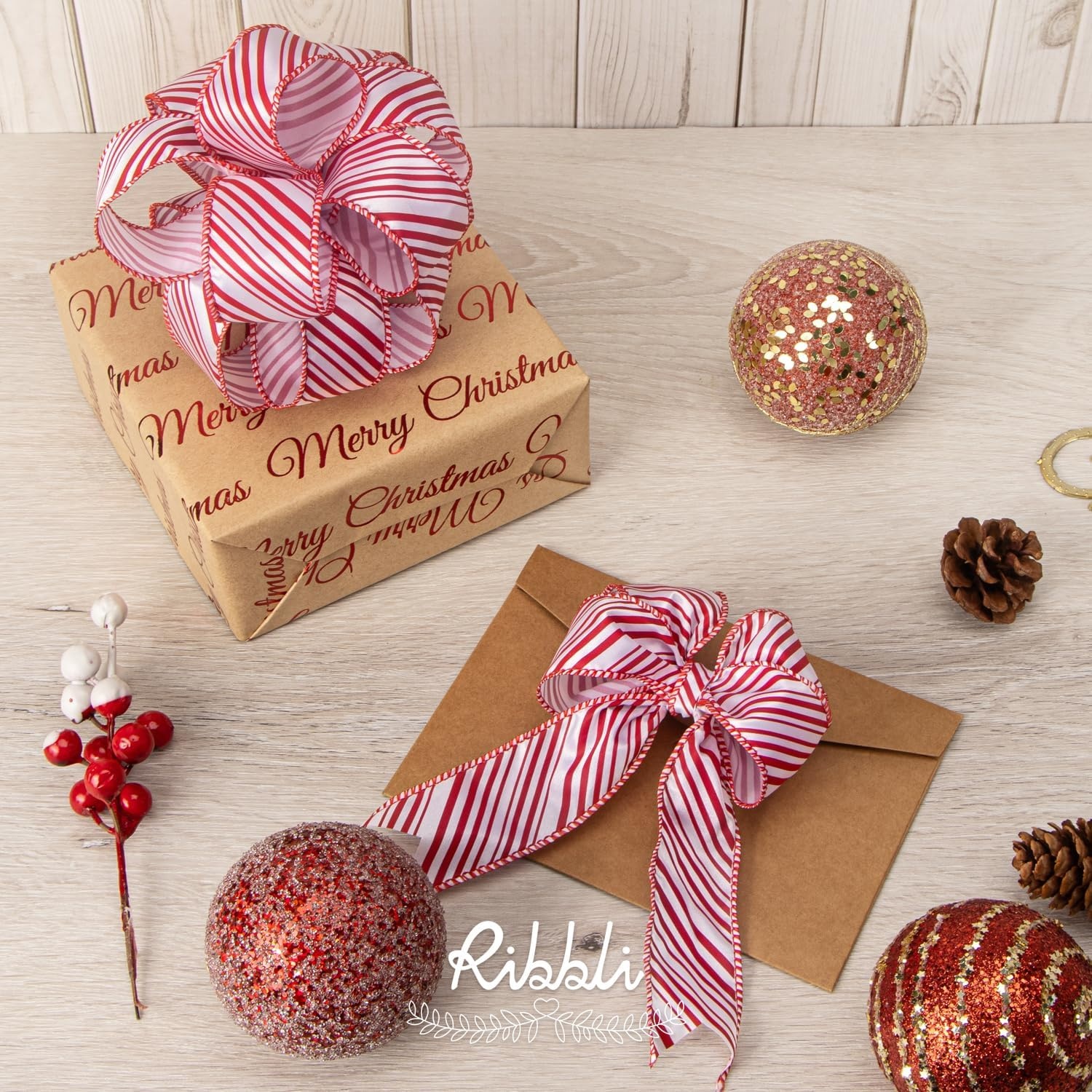 Ribbli Candy Cane Ribbon Red and White Stripe Wired Satin,2-1/2 Inch x Continuous 10 Yard,Peppermint Stripe Christmas Ribbon for Big Bow, Wreath,Tree Decoration, Outdoor Decoration(1.5 inch (Pack of 2))