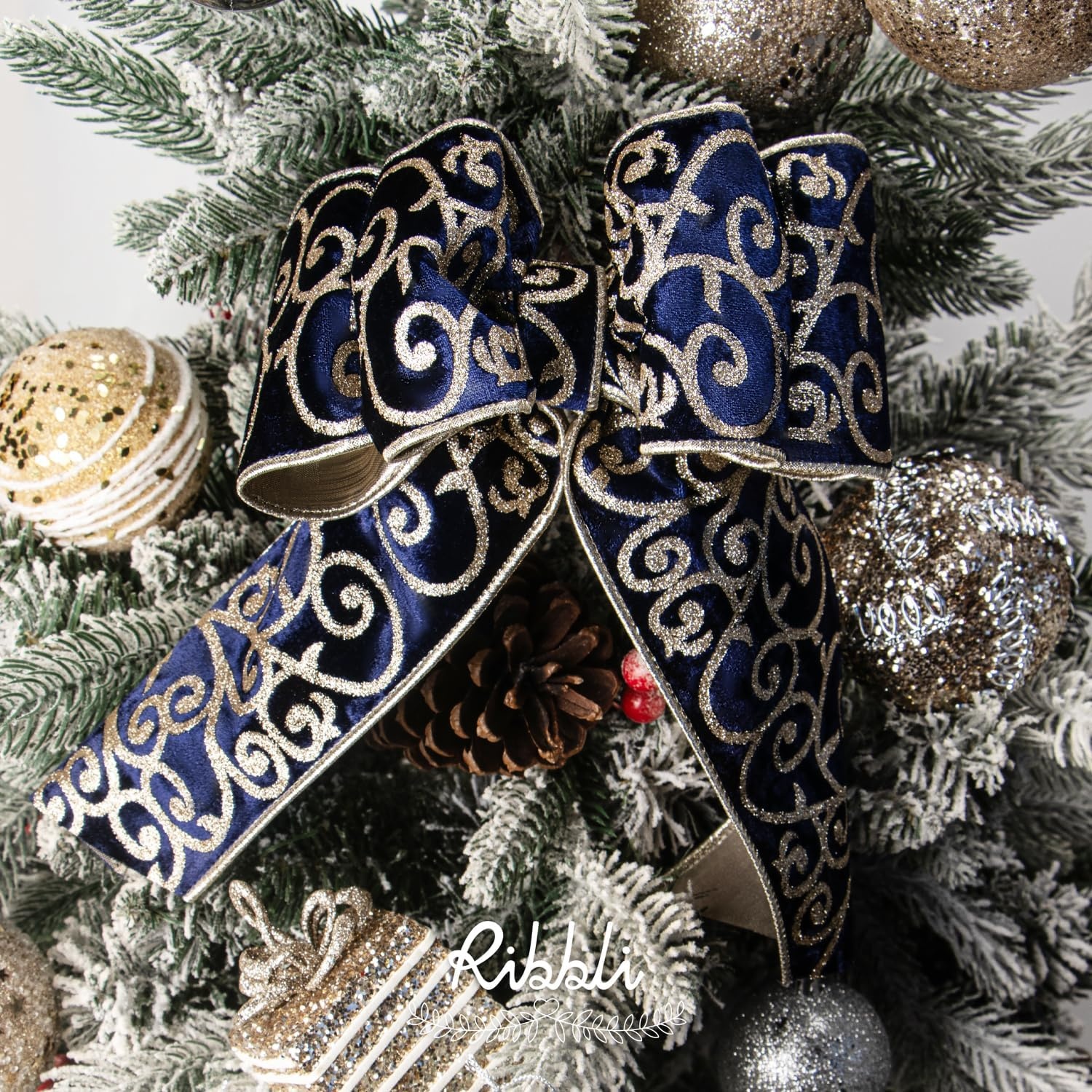 Ribbli Sage Green Velvet Ribbon Wired with Glitter Swirl 4 Inch Christmas Ribbon for Christmas Tree Decoration Big Bow Gift Wrapping Crafts Wreaths Supplies – 10 Yards(Navy)