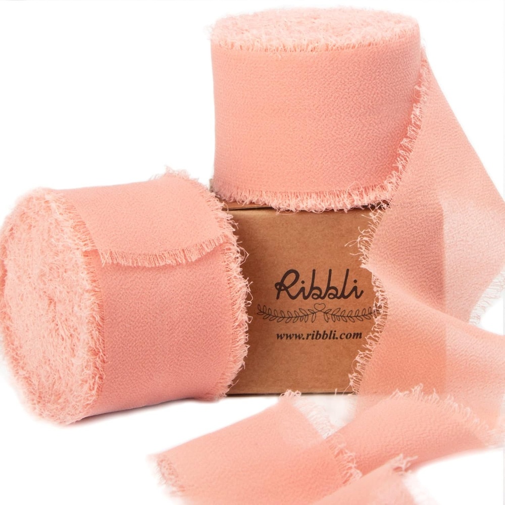 Ribbli Antique Mauve Chiffon Ribbon 1-1/2 inch x 20 Yard Handmade Fringe Chiffon Silk Ribbon,Black Ribbon for Wedding Invitations, Bridal Bouquets Wrapping, Flower Arrangement Decoration(Dusty Pink)
