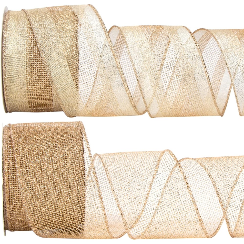 Ribbli Champagne Gold Wired Mesh Ribbon, Metallic Champagne and Glitter Mesh for Crafts, Wreaths, Topper Bow, Gift Wrapping, Tree Decoration – 2 Rolls 2.5 Inch Total 20 Yard