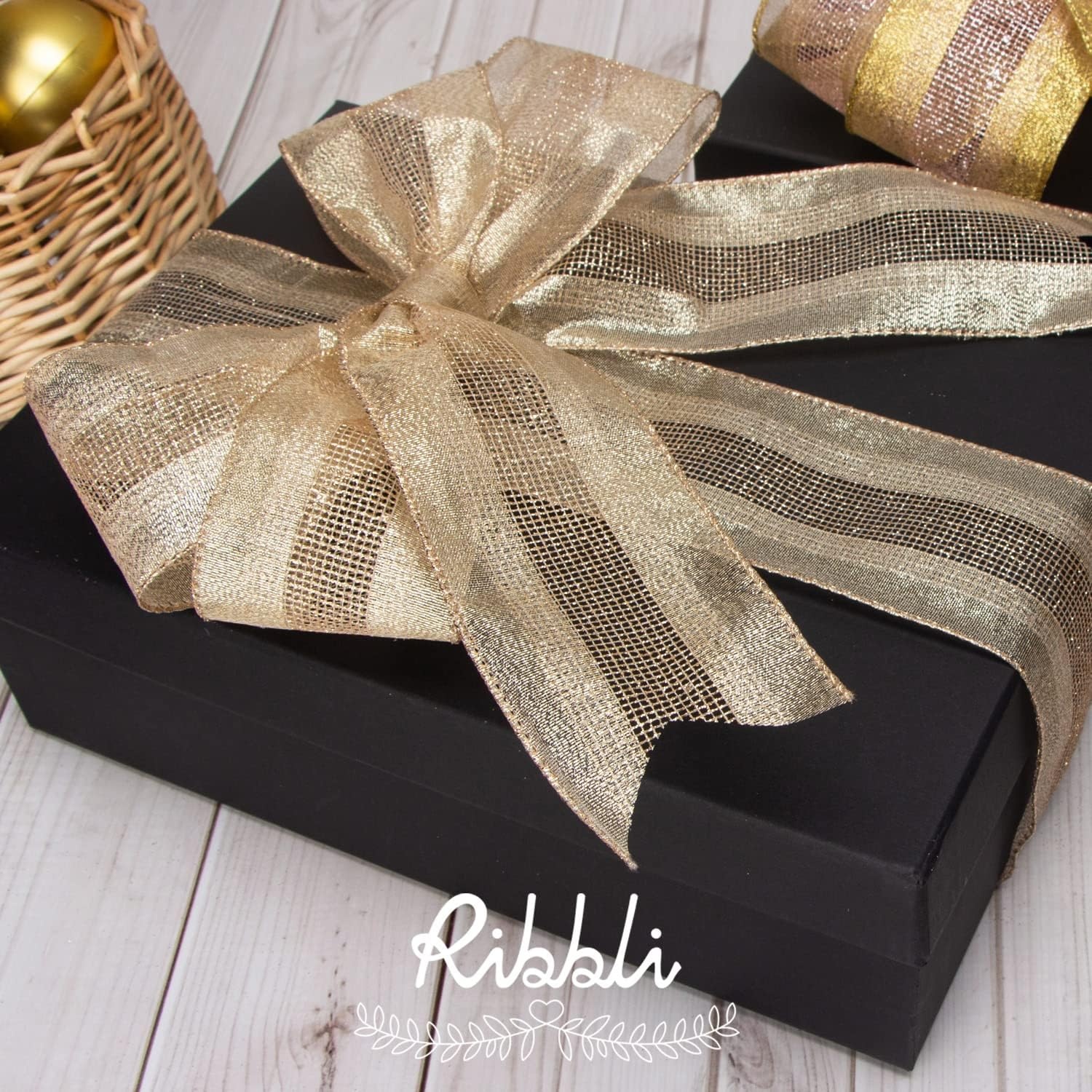 Ribbli Champagne Gold Wired Mesh Ribbon, Metallic Champagne and Glitter Mesh for Crafts, Wreaths, Topper Bow, Gift Wrapping, Tree Decoration – 2 Rolls 2.5 Inch Total 20 Yard