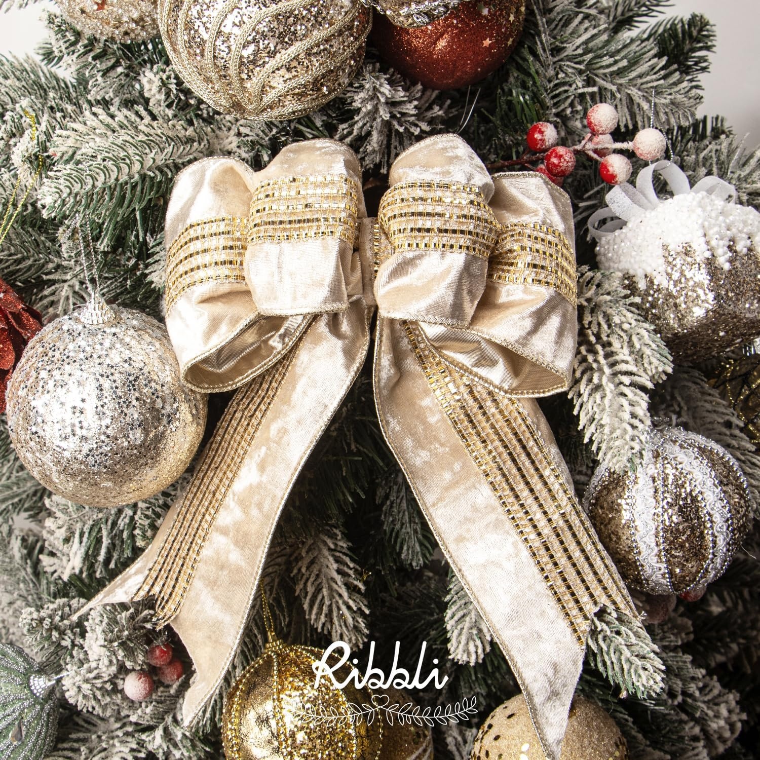 Ribbli Burgundy Velvet Wired Ribbon with Luxurious Glittering Stripe 4 Inch Christmas Ribbon for Tree Gift Wrapping Wreaths Garland Topper Bows Crafts Home Decor -10 Yards(Champagne)