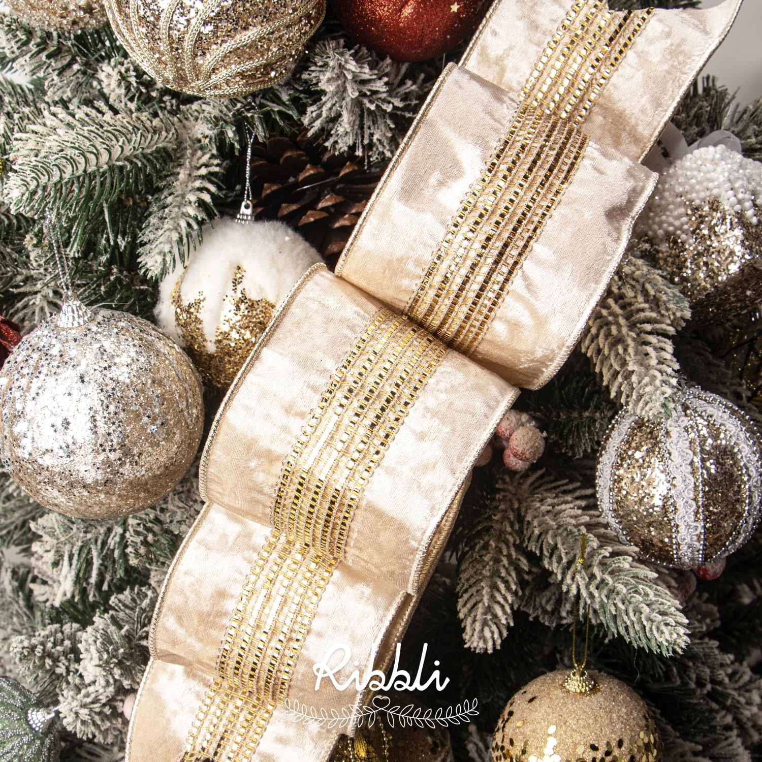 Ribbli Burgundy Velvet Wired Ribbon with Luxurious Glittering Stripe 4 Inch Christmas Ribbon for Tree Gift Wrapping Wreaths Garland Topper Bows Crafts Home Decor -10 Yards(Champagne)